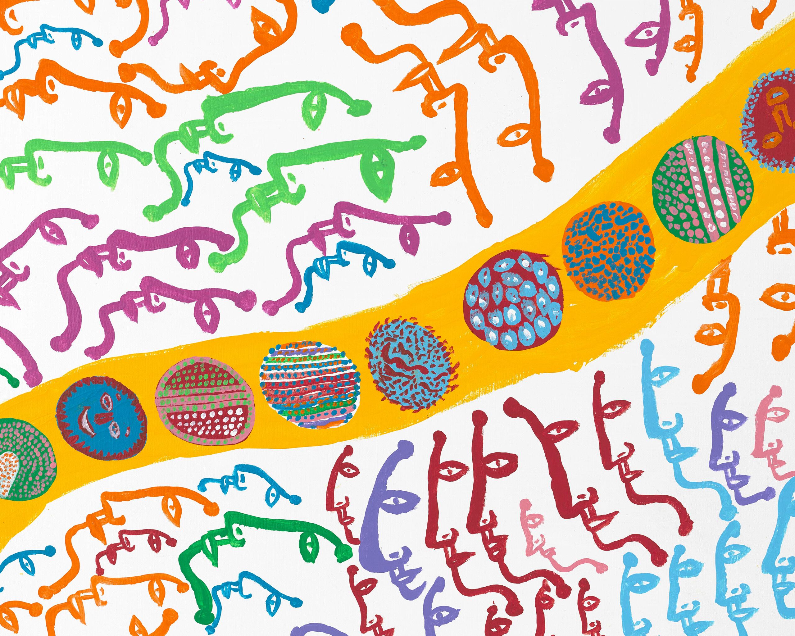 A detail from a painting by Yayoi Kusama titled ROAD TO ETERNITY, dated 2013