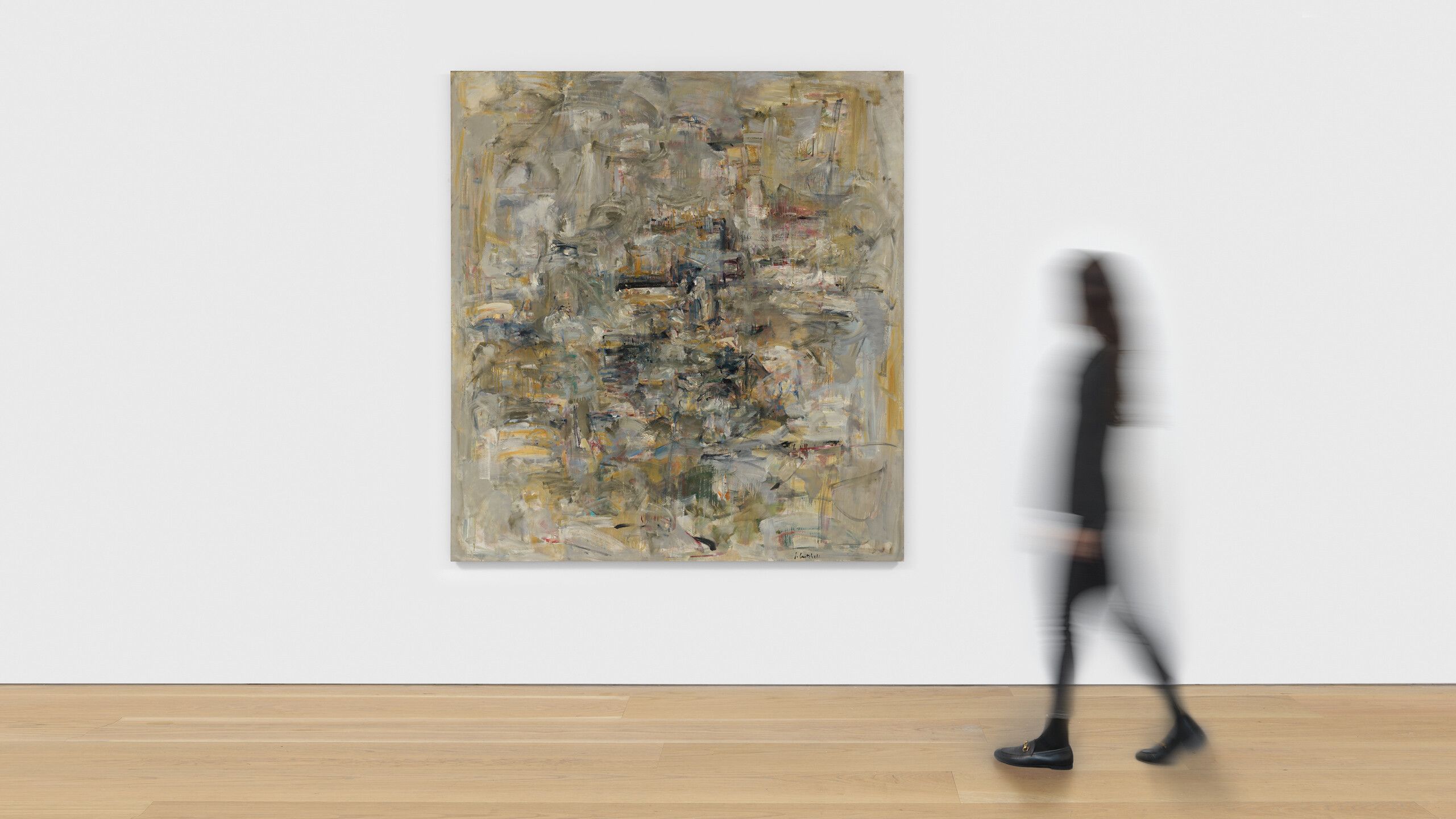 An installation view with a scale model of a painting by Joan Mitchell, called Untitled (Number 12), dated c. 1953.