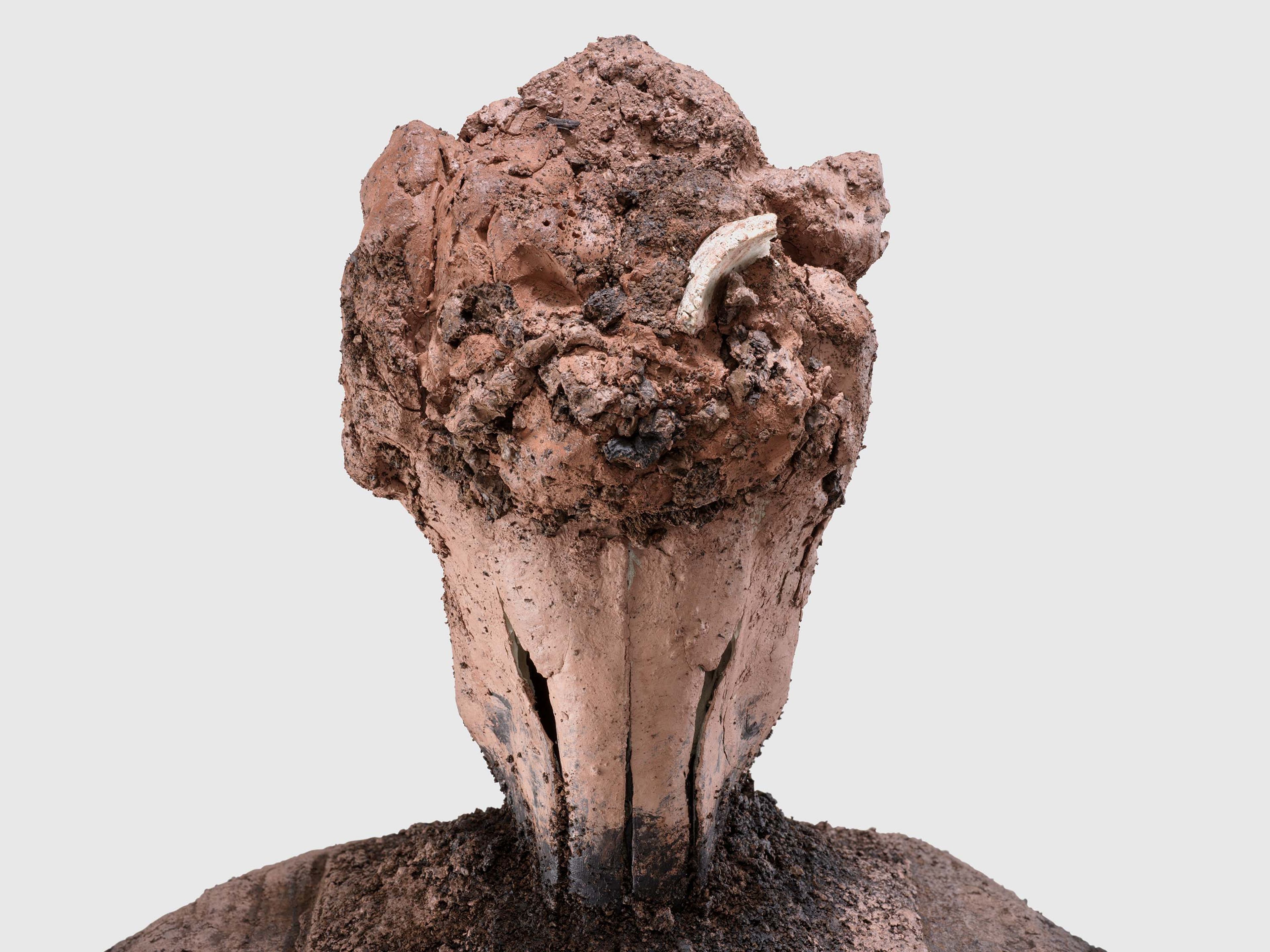 A detail from a sculpture by Huma Bhabha, titled Learn Something, dated 2025.