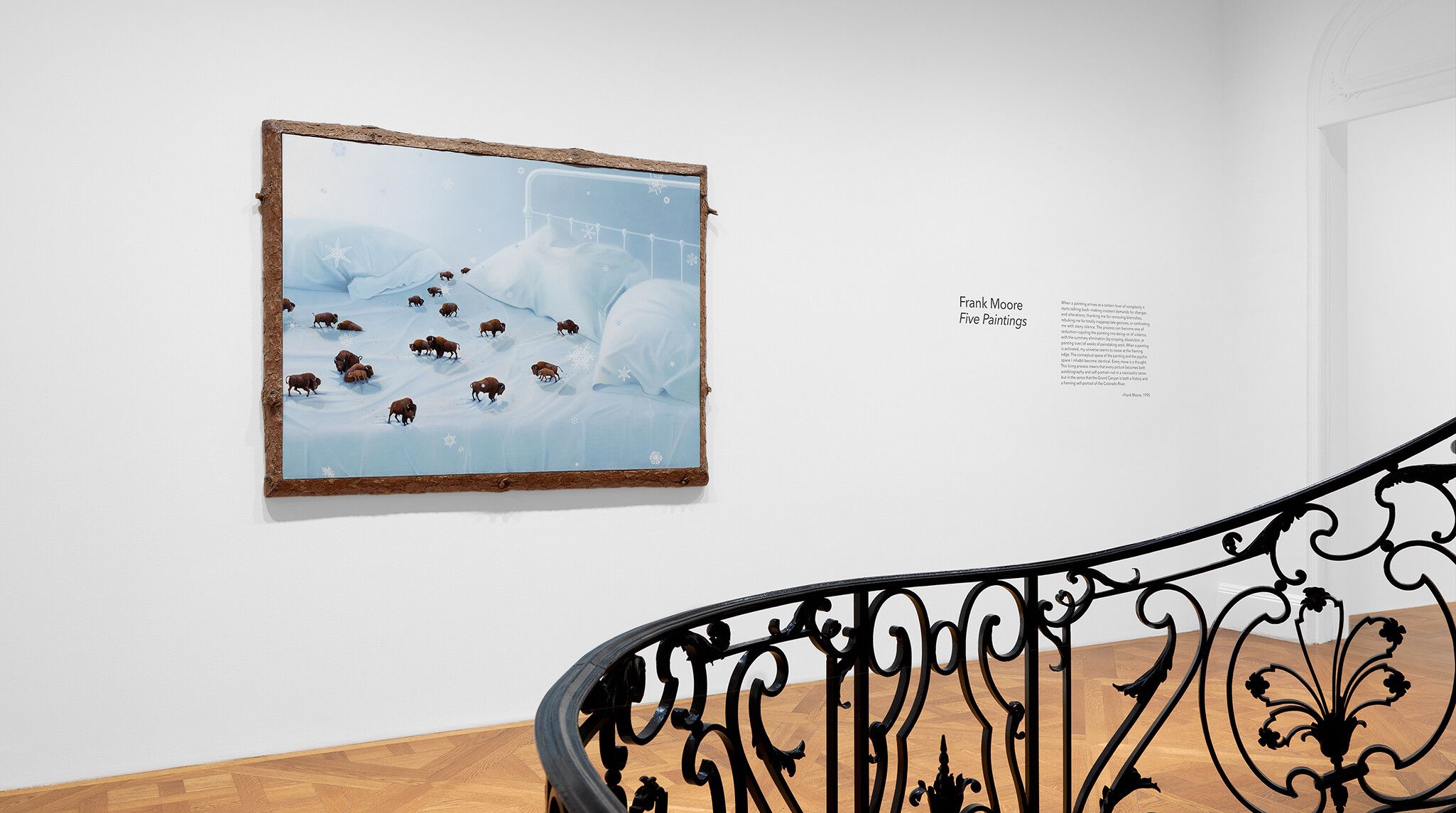 An installation view of an exhibition titled Frank Moore: Five Paintings, at David Zwirner, New York, in 2022.