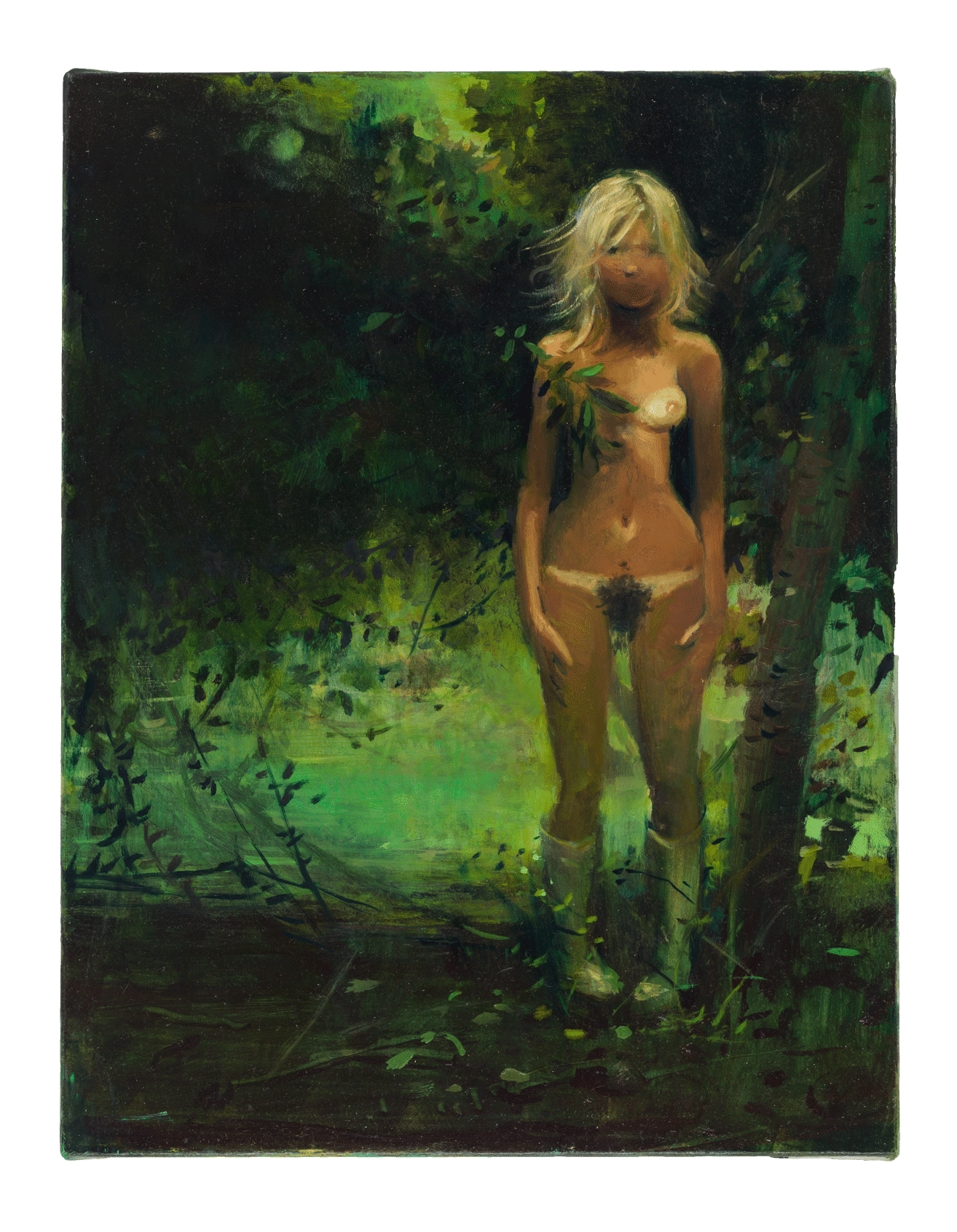 A painting by Lisa Yuskavage, titled The Deer and the Headlights, dated 2014.
