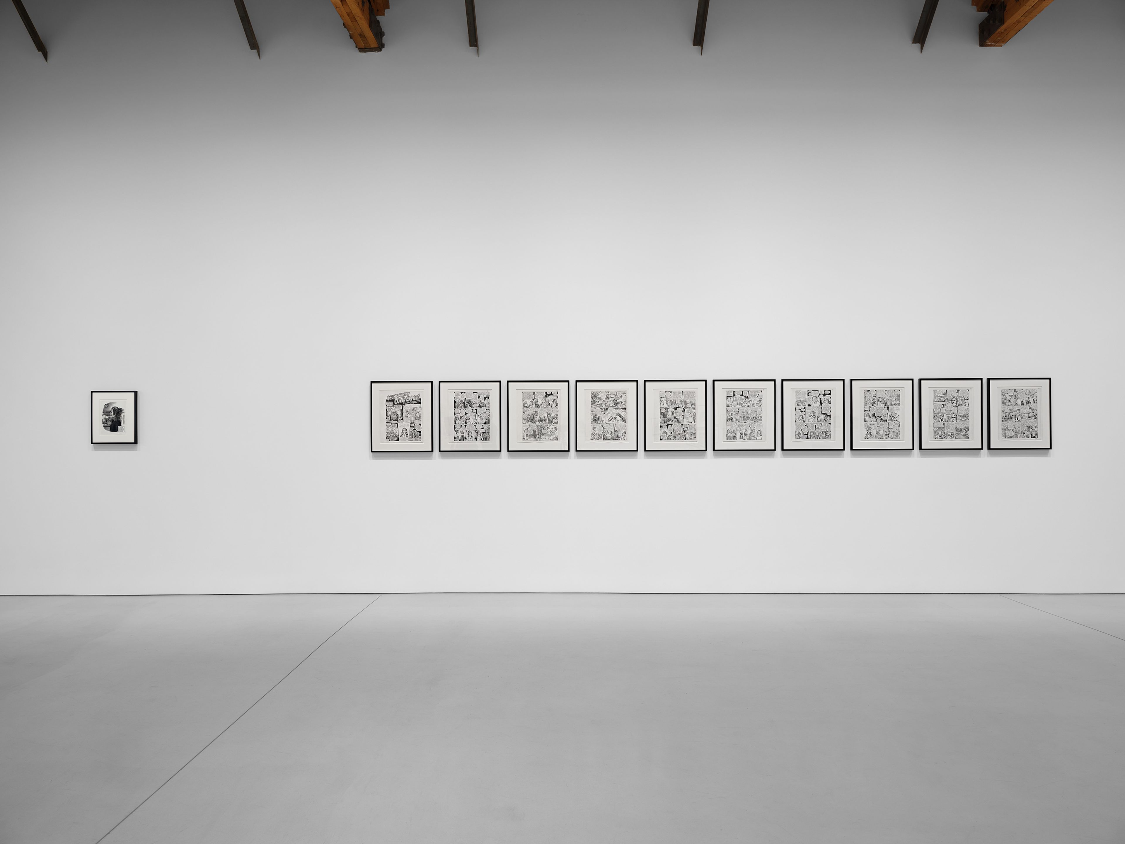 An installation view of the exhibition, R. Crumb: Tales of Paranoia, at David Zwirner in Los Angeles, dated 2025.