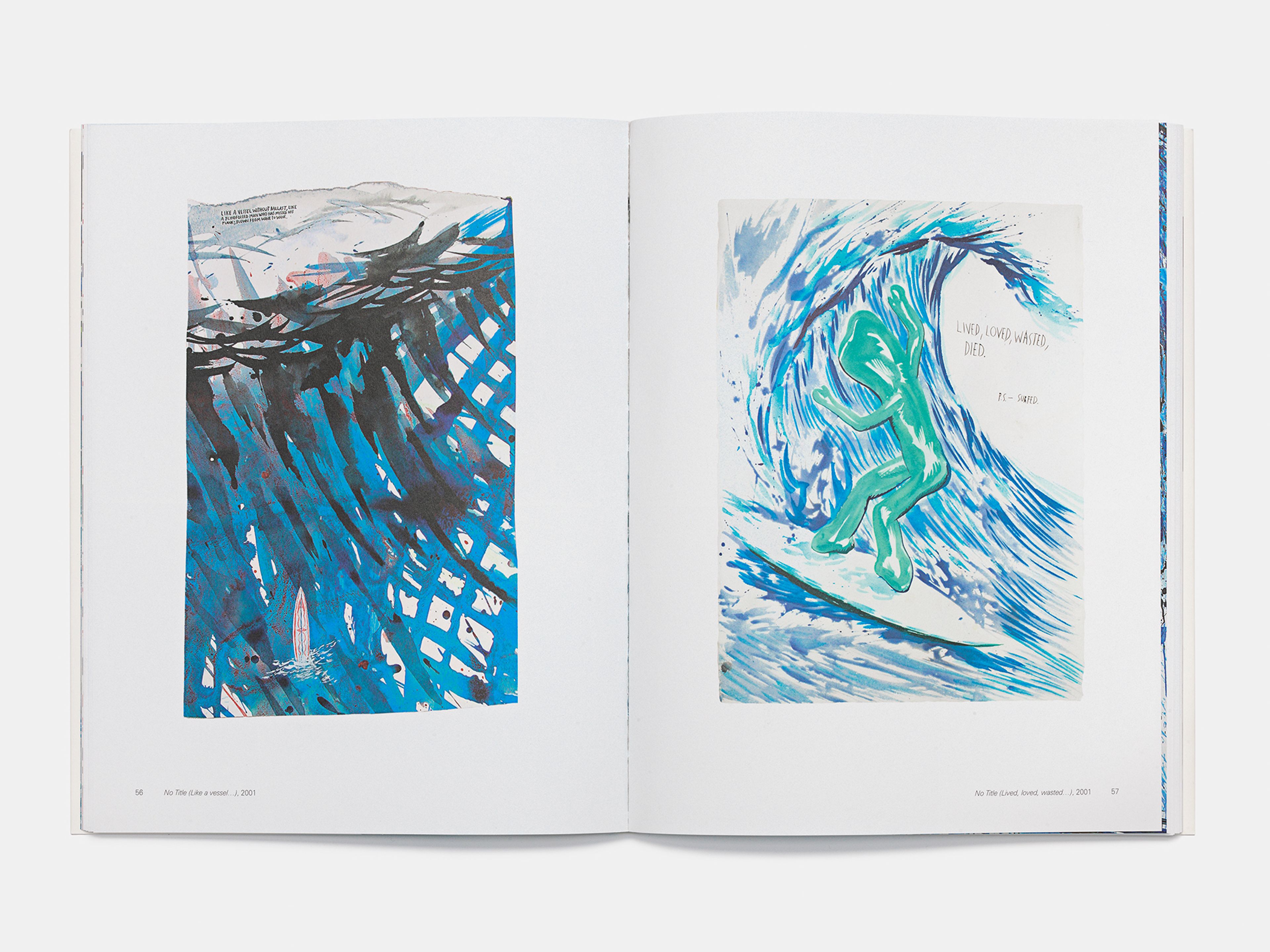 Interior spread from a book titled Raymond Pettibon: Surfers 1985-2015, published by David Zwirner Books in 2015