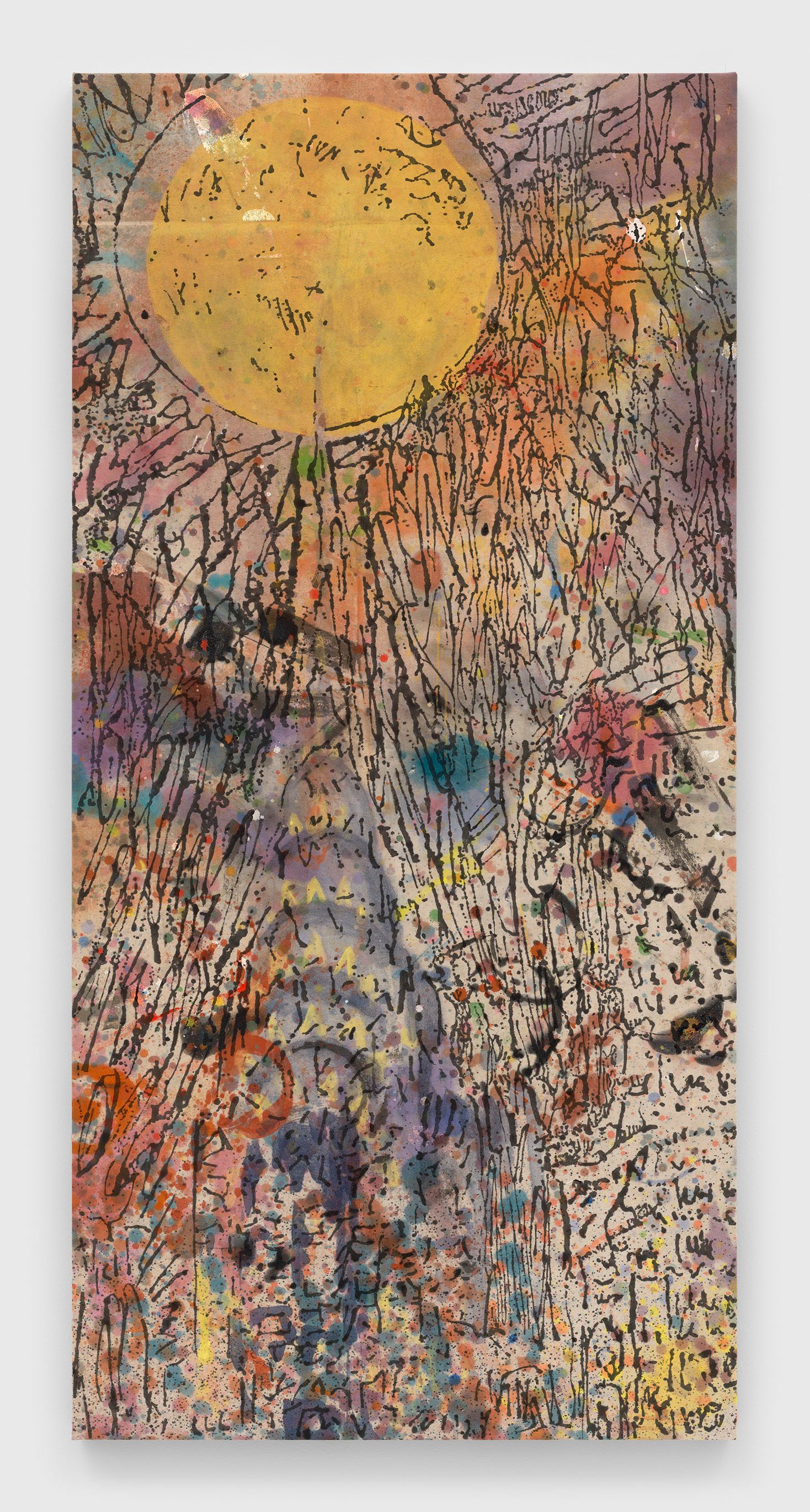 A painting Nate Lowman, titled Don't Forget to Howl at the Moon, dated 2021.
