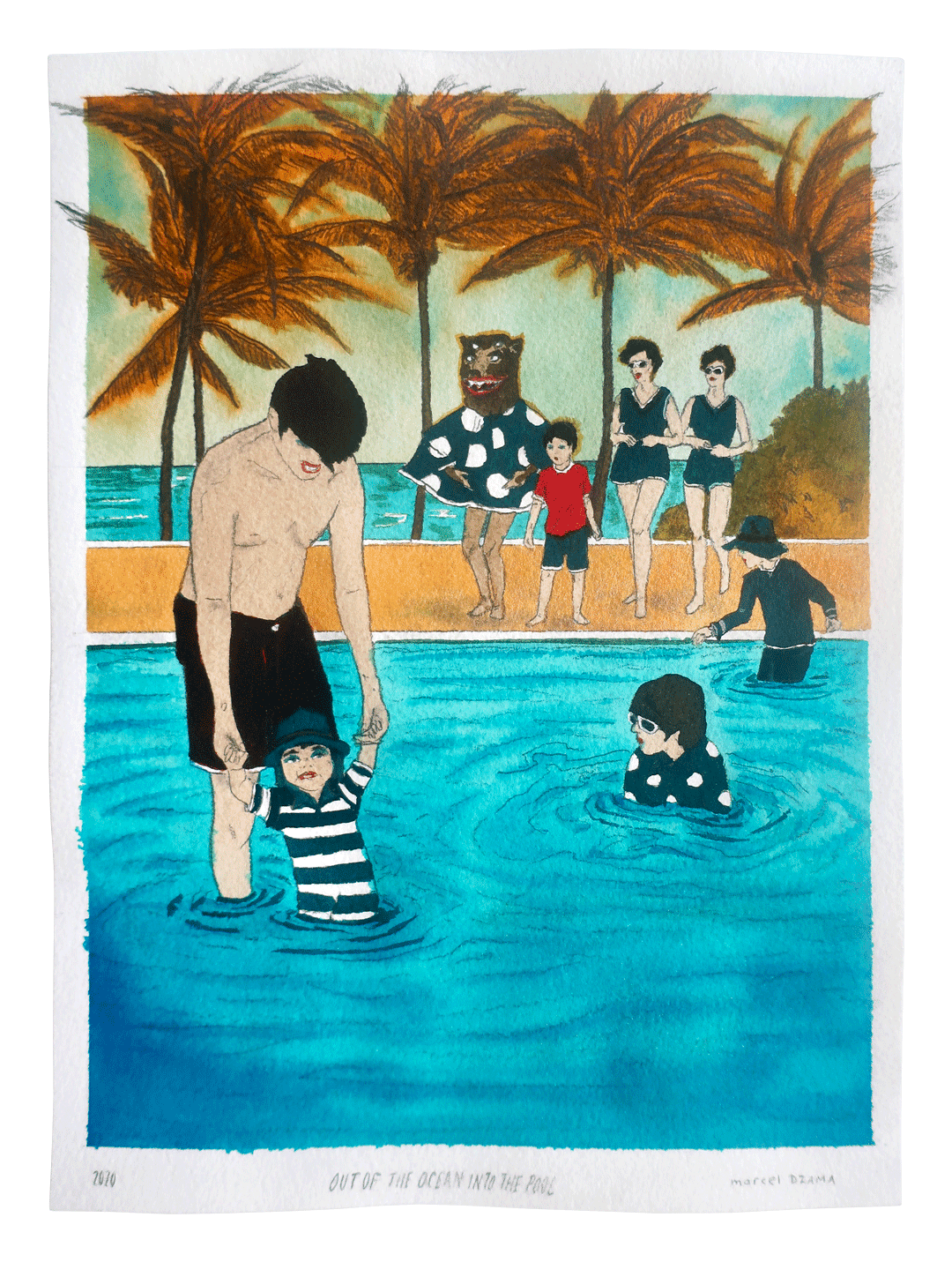 A work on paper by Marcel Dzama titled Out of the ocean into the pool, dated 2020.