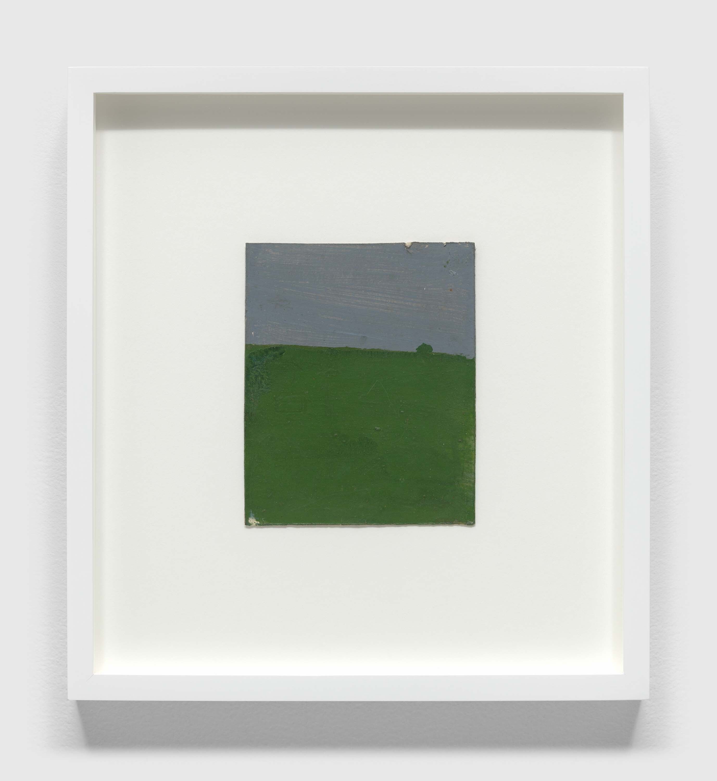 A painting on Polaroid film cartridge box by Frank Walter, called Untitled (Green Land, Green House, Grey Skies), n.d.