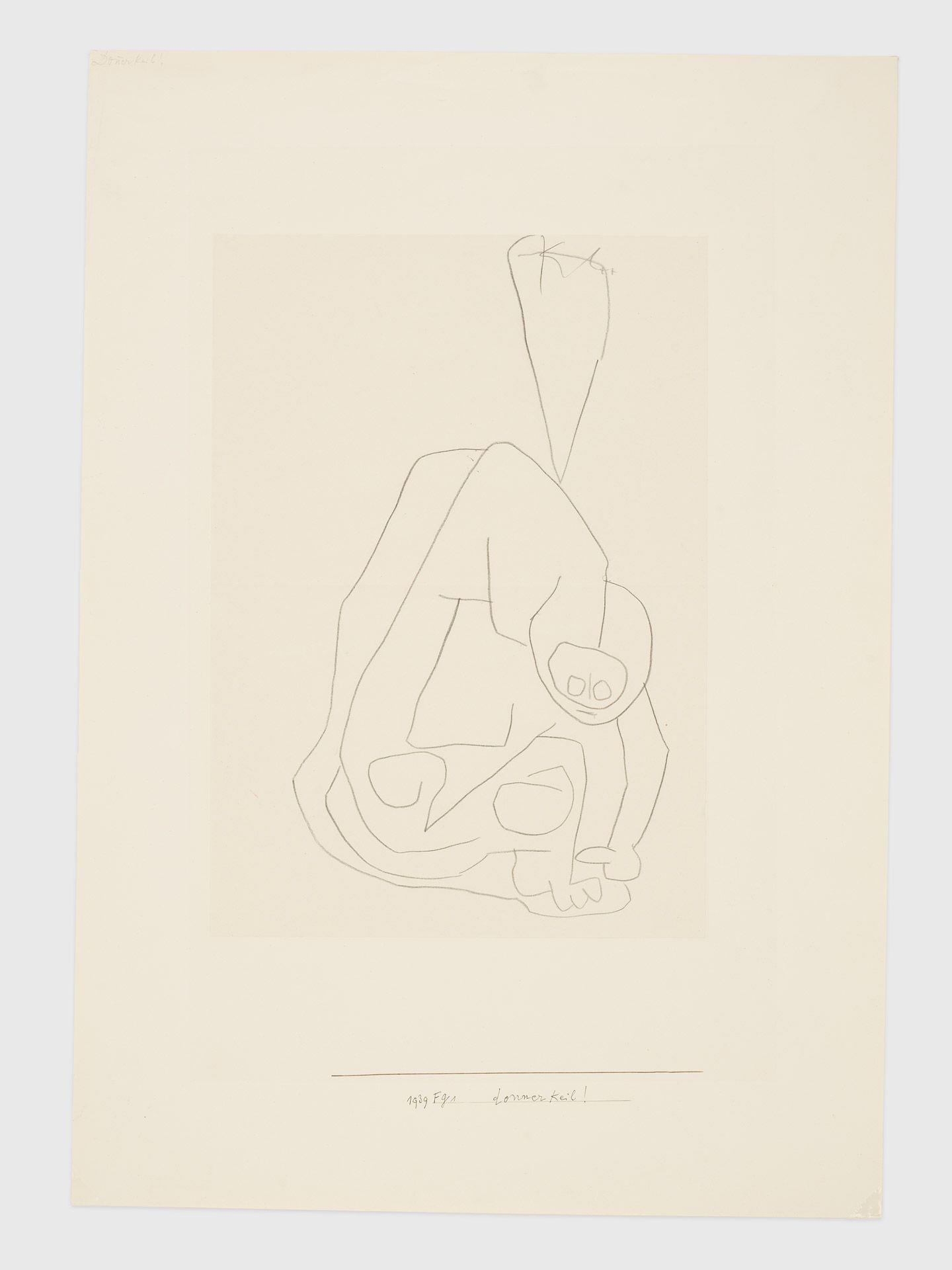A work on paper on cardboard by Paul Klee, titled donnerkeil! (Thunderbolt!), dated 1939.