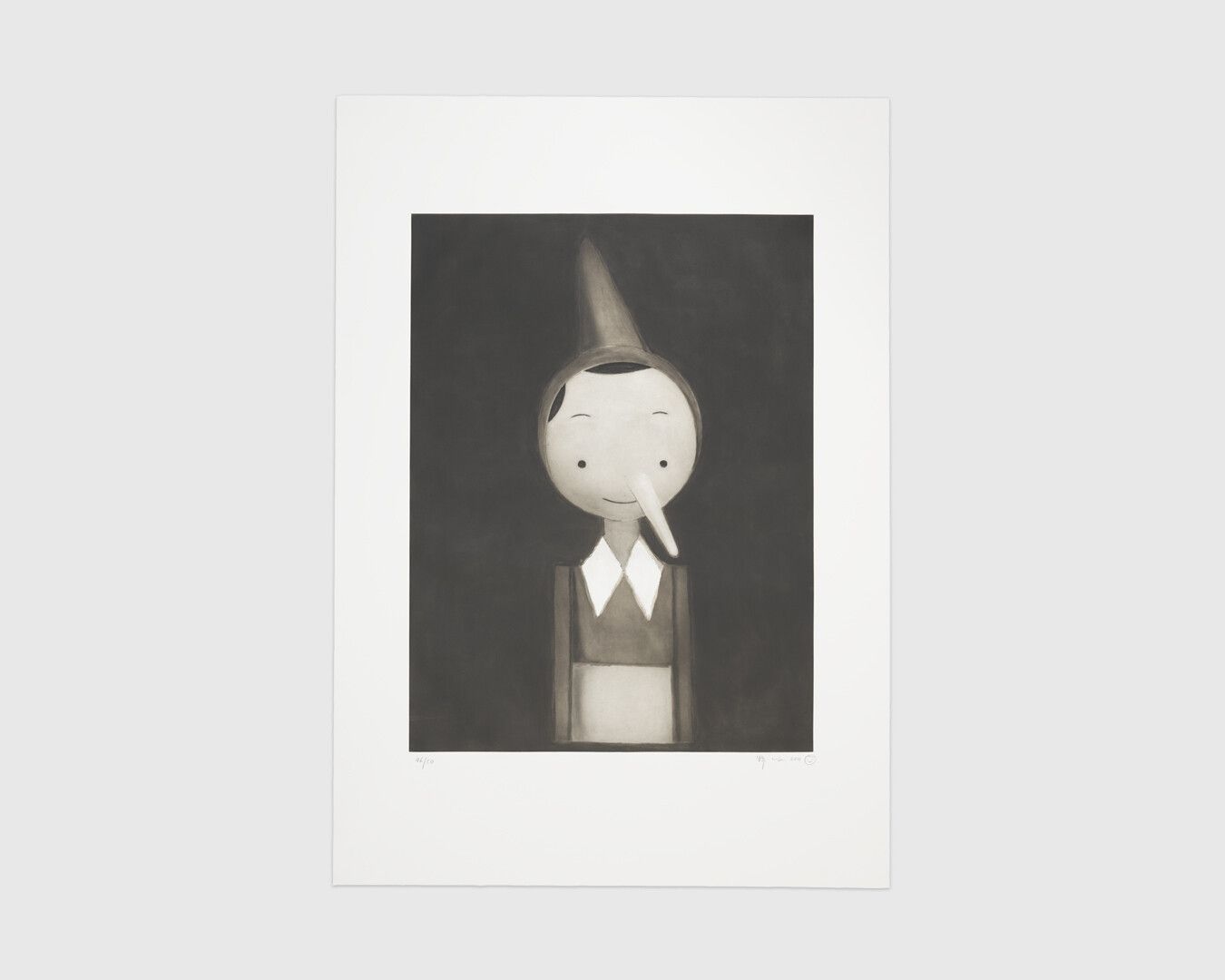 A two-color etching, aquatint, and sugar lift from one copper plate on Magnani paper by Liu Ye, titled Pinocchio, dated 2011.