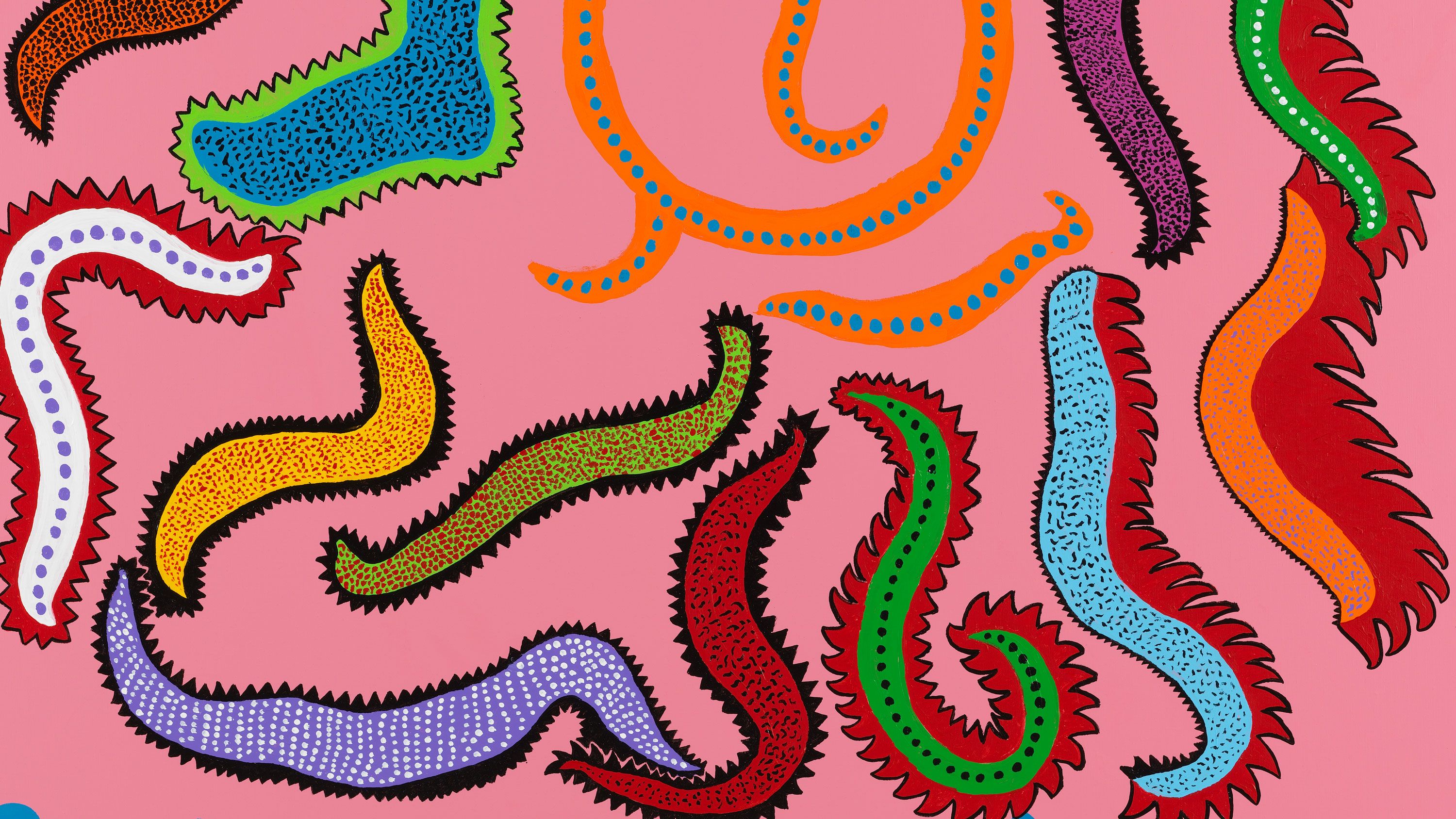 A detail from a painting by Yayoi Kusama, titled DWELLING OF LOVE, dated 2016