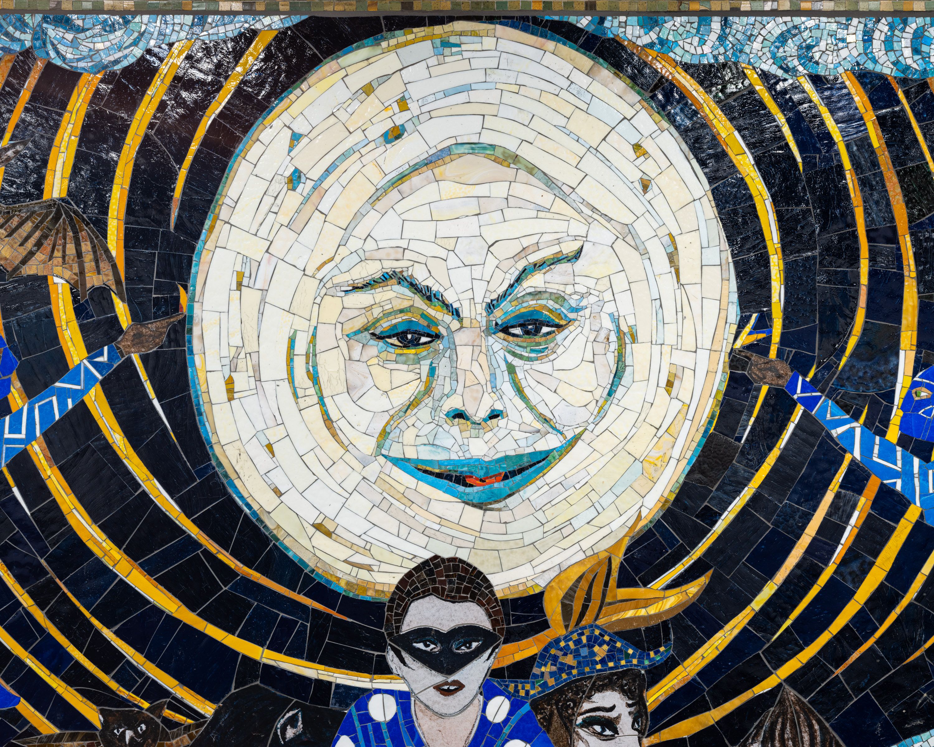A close-up of a mosaic commissioned by the MTA called No Less Than Everything Comes Together, Marcel Dzama, 2021.