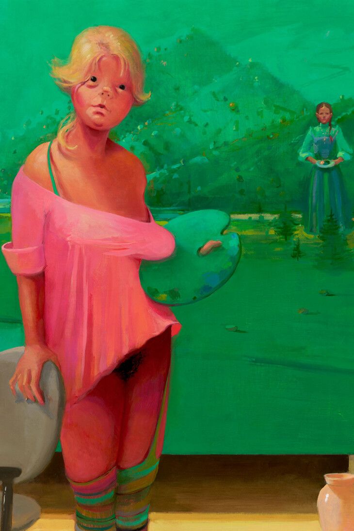 A detail of an artwork by Lisa Yuskavage, The Artist's Studio, dated 2022