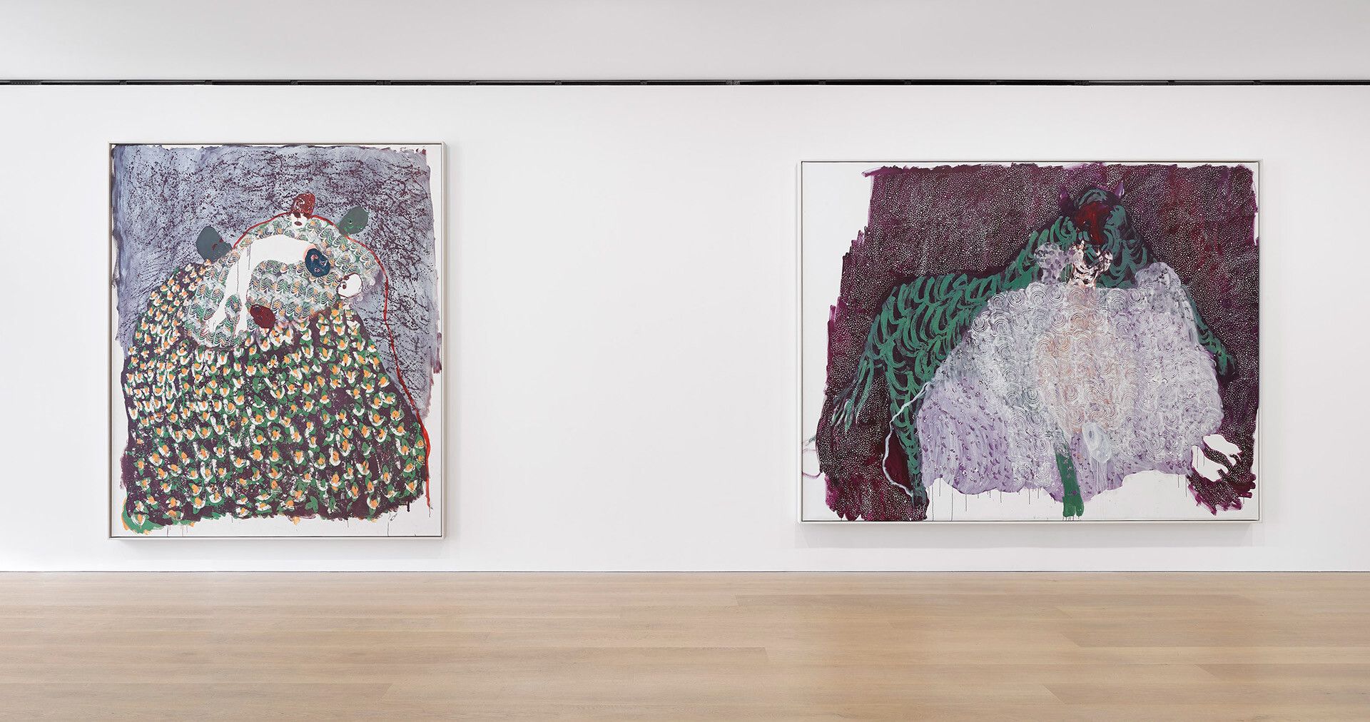 An installation view titled, Portia Zvavahera: Ndakavata pasi ndikamutswa nekuti anonditsigira, at David Zwirner, London, 2020.