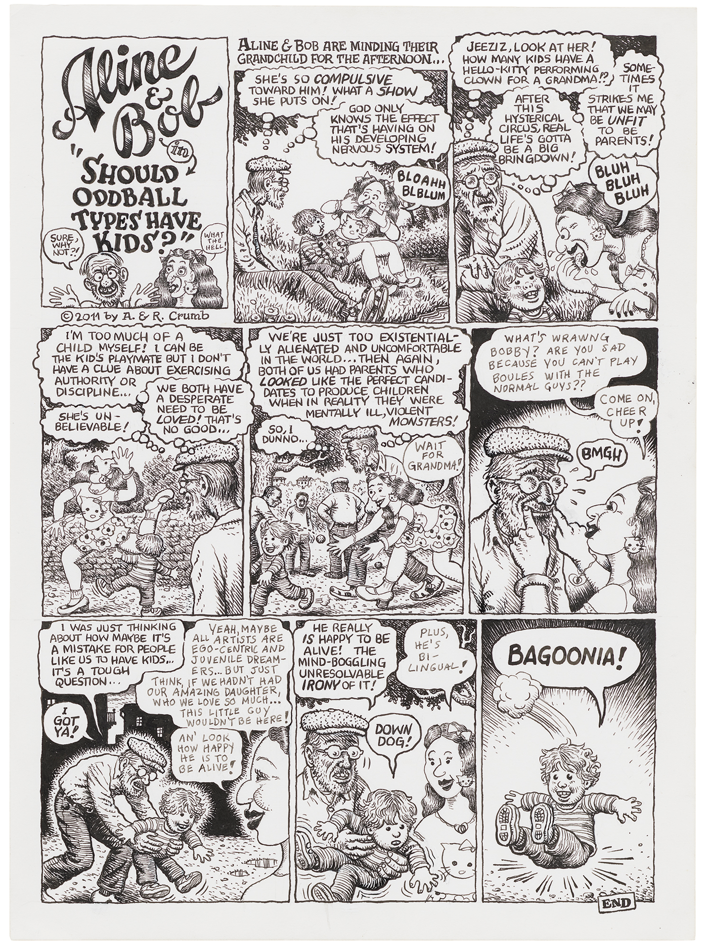 A drawing by Aline Kominsky Crumb and R. Crumb titled, Aline & Bob in Should Oddball Types Have Kids?, dated 2011.