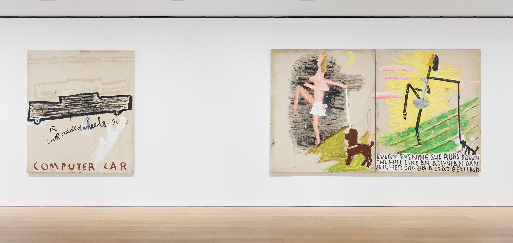 Installation view of Computer Car and Pink Girl, Like an Assyrian Dancer and Pink Clouds
