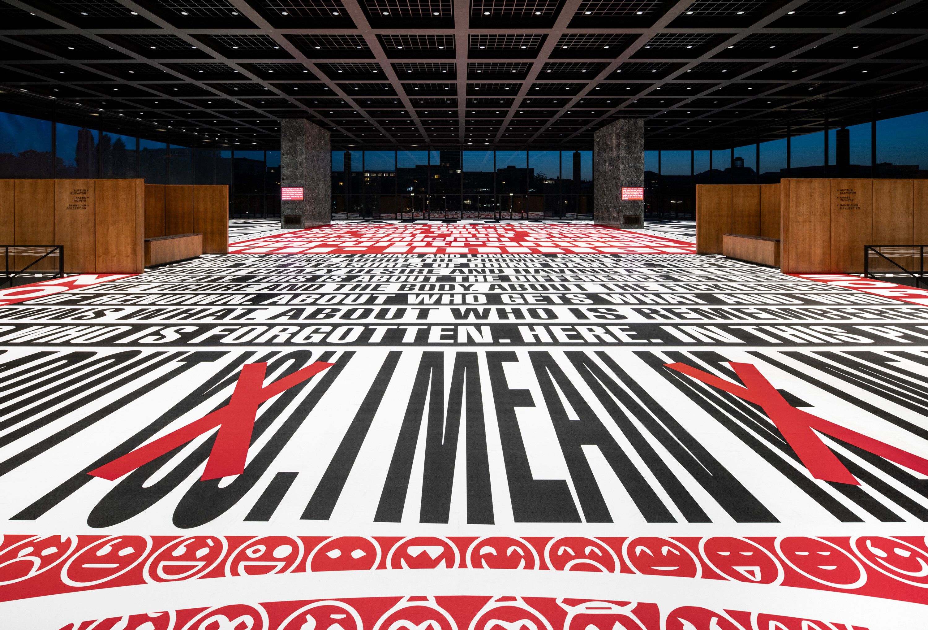 Installation view of Barbara Kruger: Bitte Lachen / Please Cry at Neue Nationalgalerie, Berlin, dated 2022