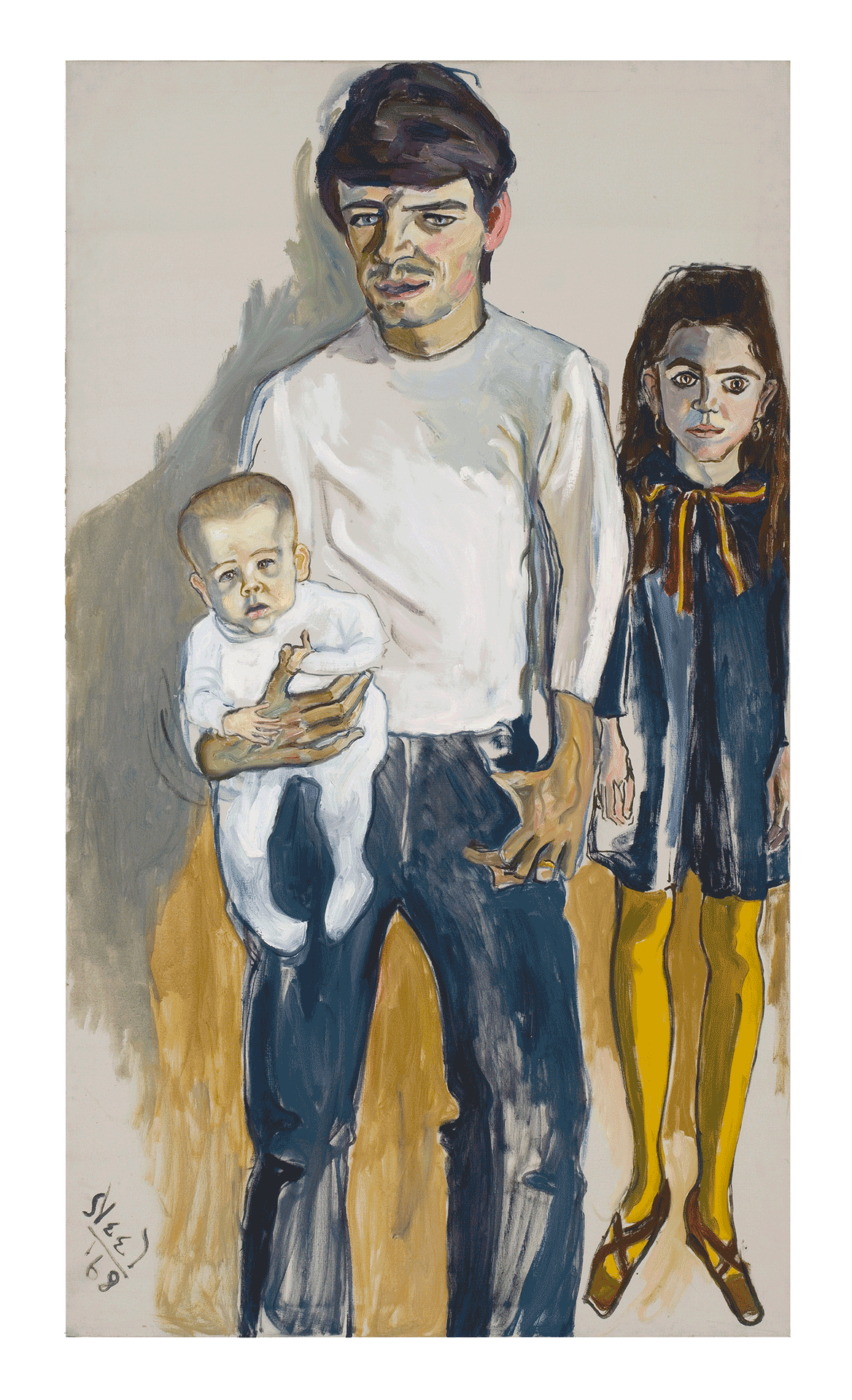 A painting by Alice Neel, titled The Family (Algis, Julie and Bailey), dated 1968, 