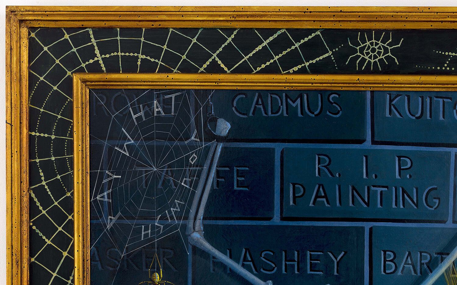 A detail of a painting by Frank Moore, titled  The Curators, dated 1996
