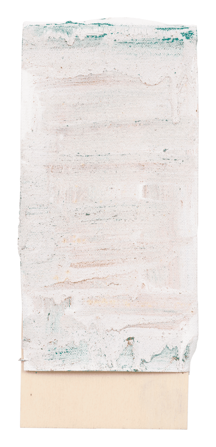 An oil, watercolor, and gesso painting on canvas mounted on wood panel by Raoul De Keyser, titled Underskirt, dated 2012.