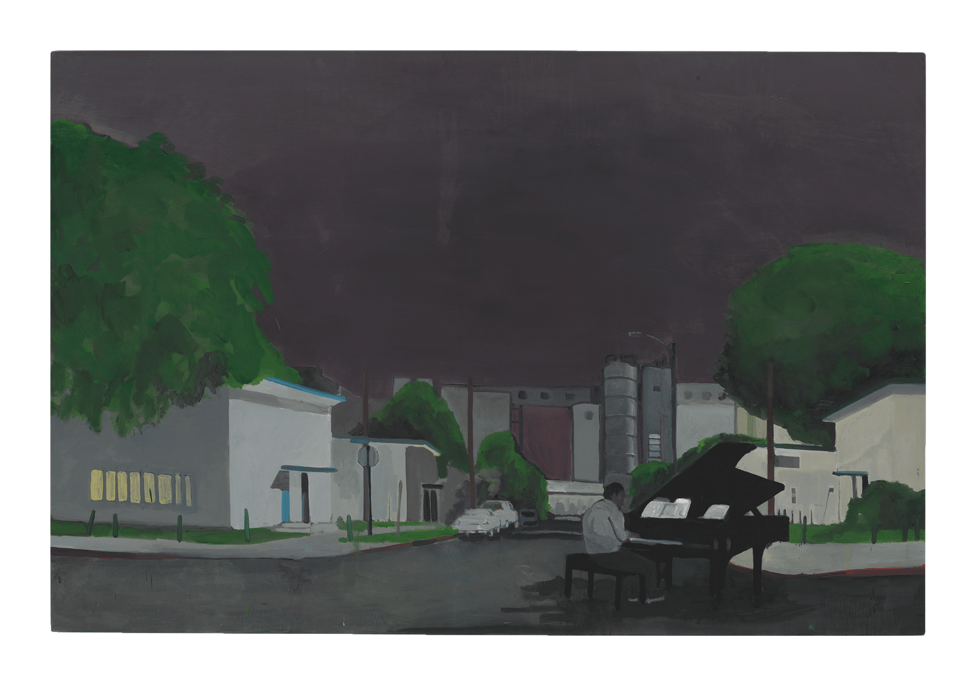 A painting by Noah Davis, titled Pueblo del Rio: Concerto, dated 2014.