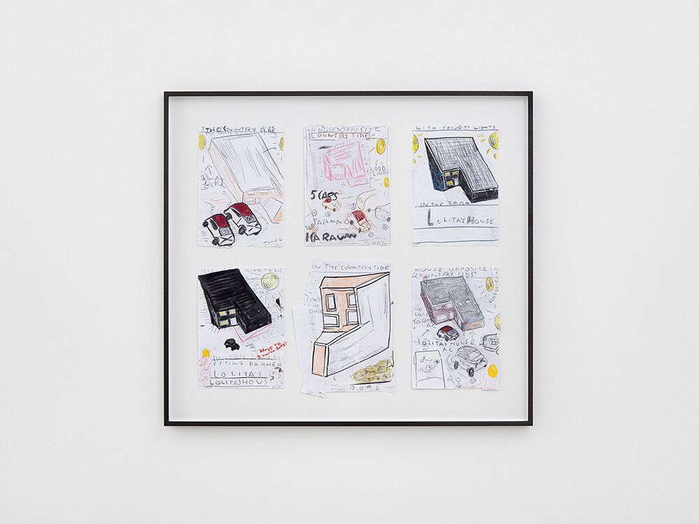A painting by Rose Wylie, titled Lolita‚Äôs House & Cars, dated 2018. 