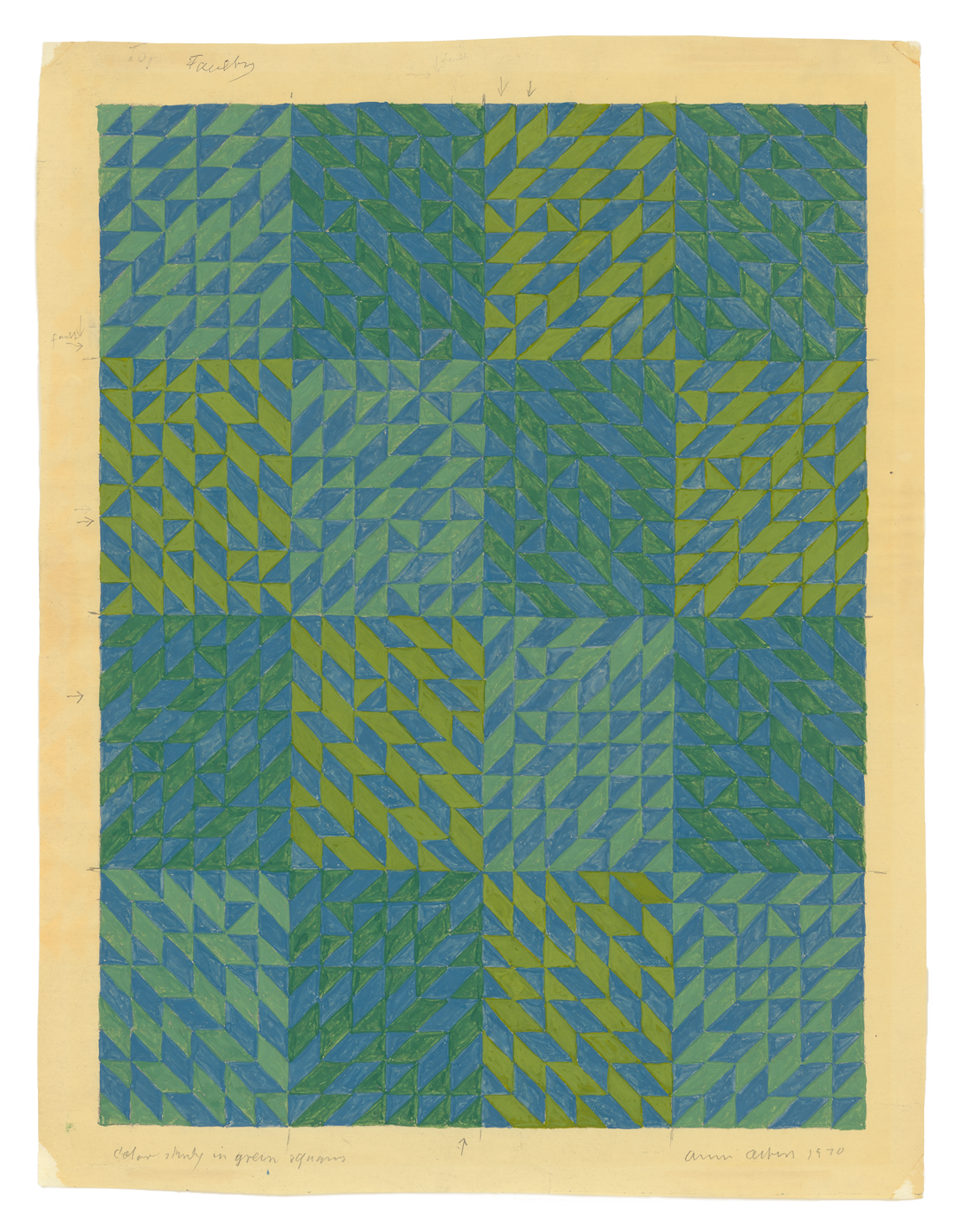 A gouache and diazotype work on paper by Anni Albers, titled Color Study in Green Squares, dated 1970.