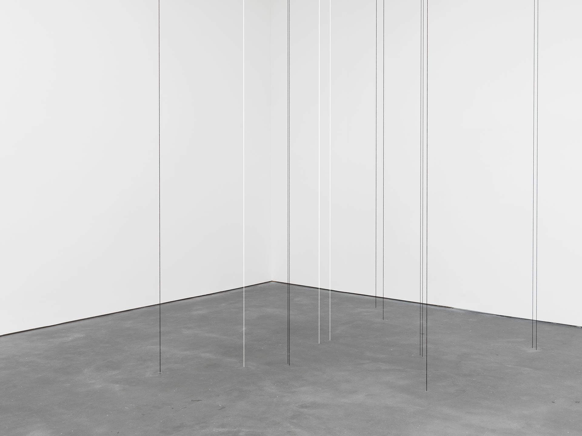 A detail of a sculpture by Fred Sandback, titled Untitled (Fourteen-part Vertical Construction), dated 1987.