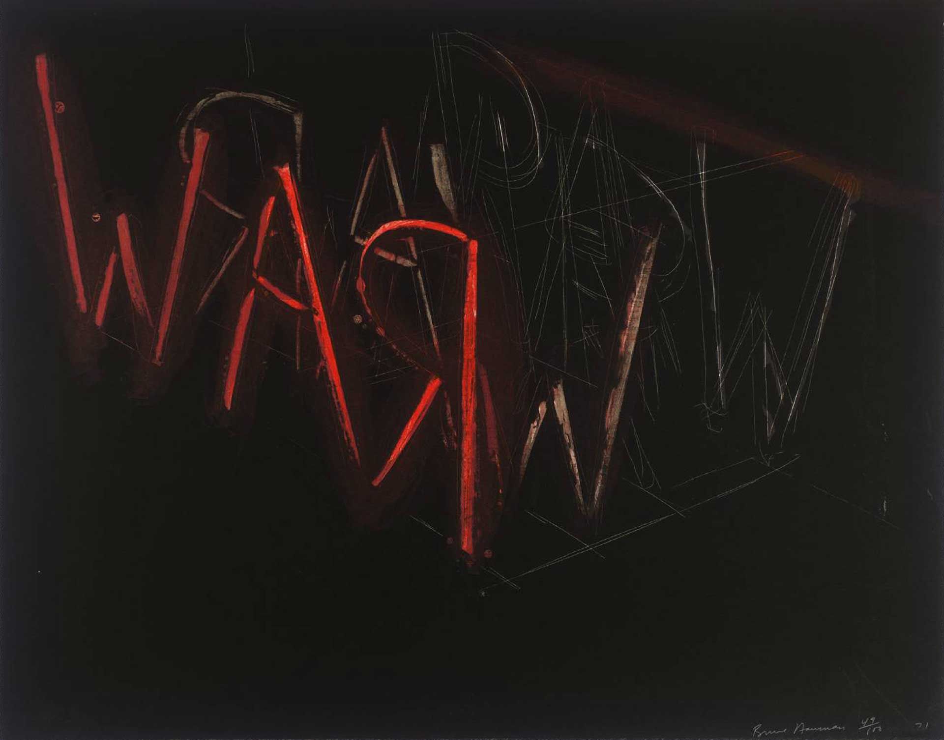 A lithograph by Bruce Nauman titled Raw-War, dated 1971