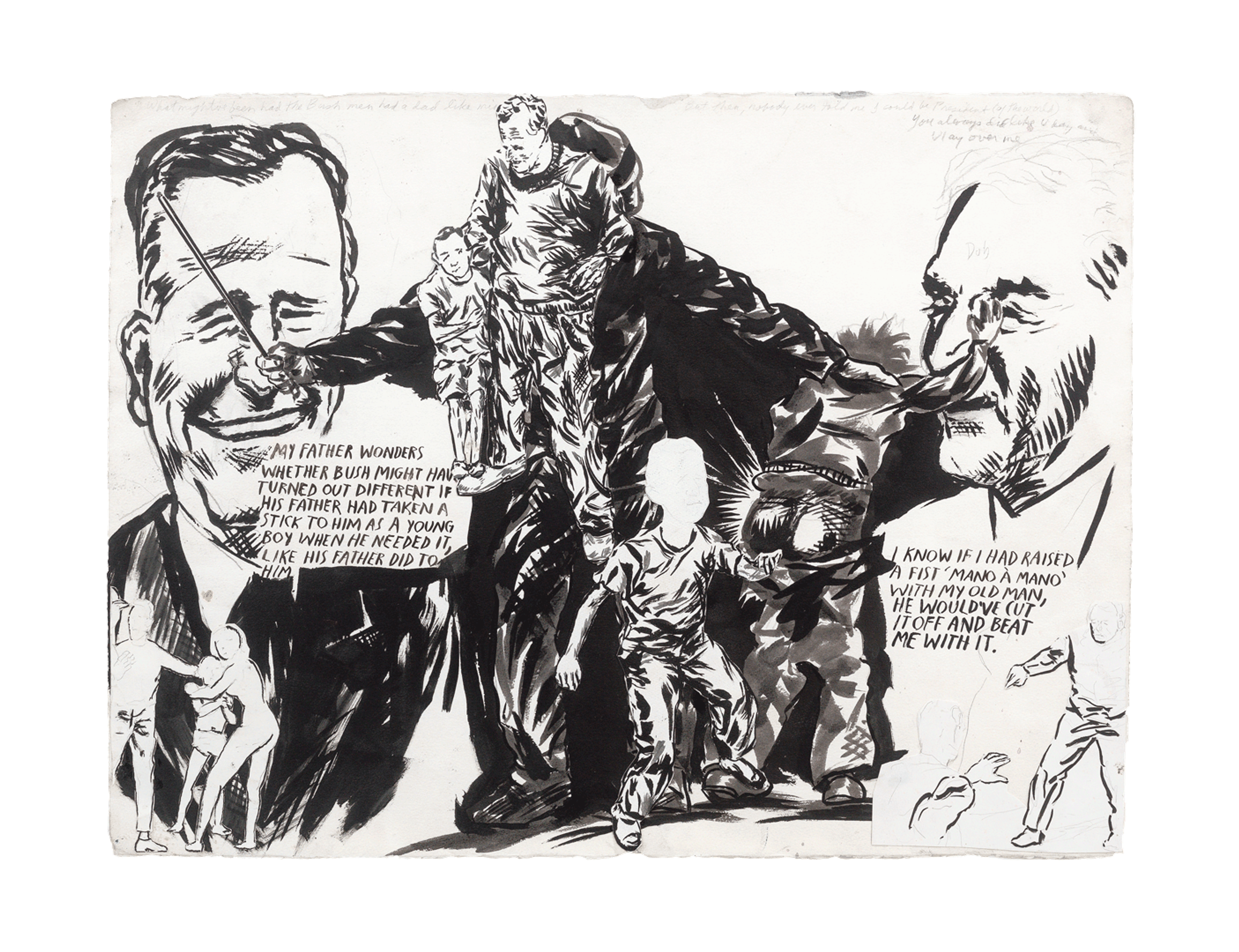 A drawing by Raymond Pettibon titled No Title (My father wonders...), dated 2004.