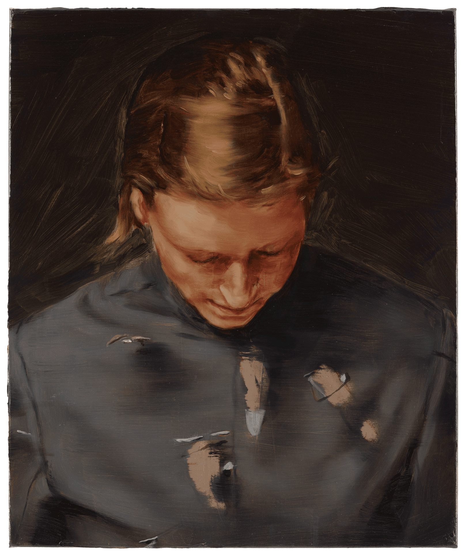 A painting by Michael Borremans, titled The Knives, dated 2010.
