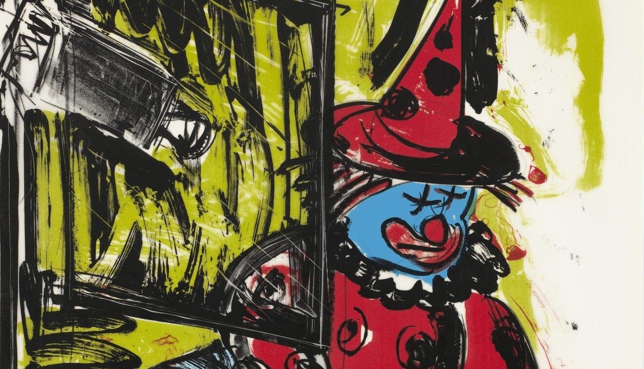 A detail of a print by Bruce Nauman, titled Clown Taking a Shit, dated 1988.