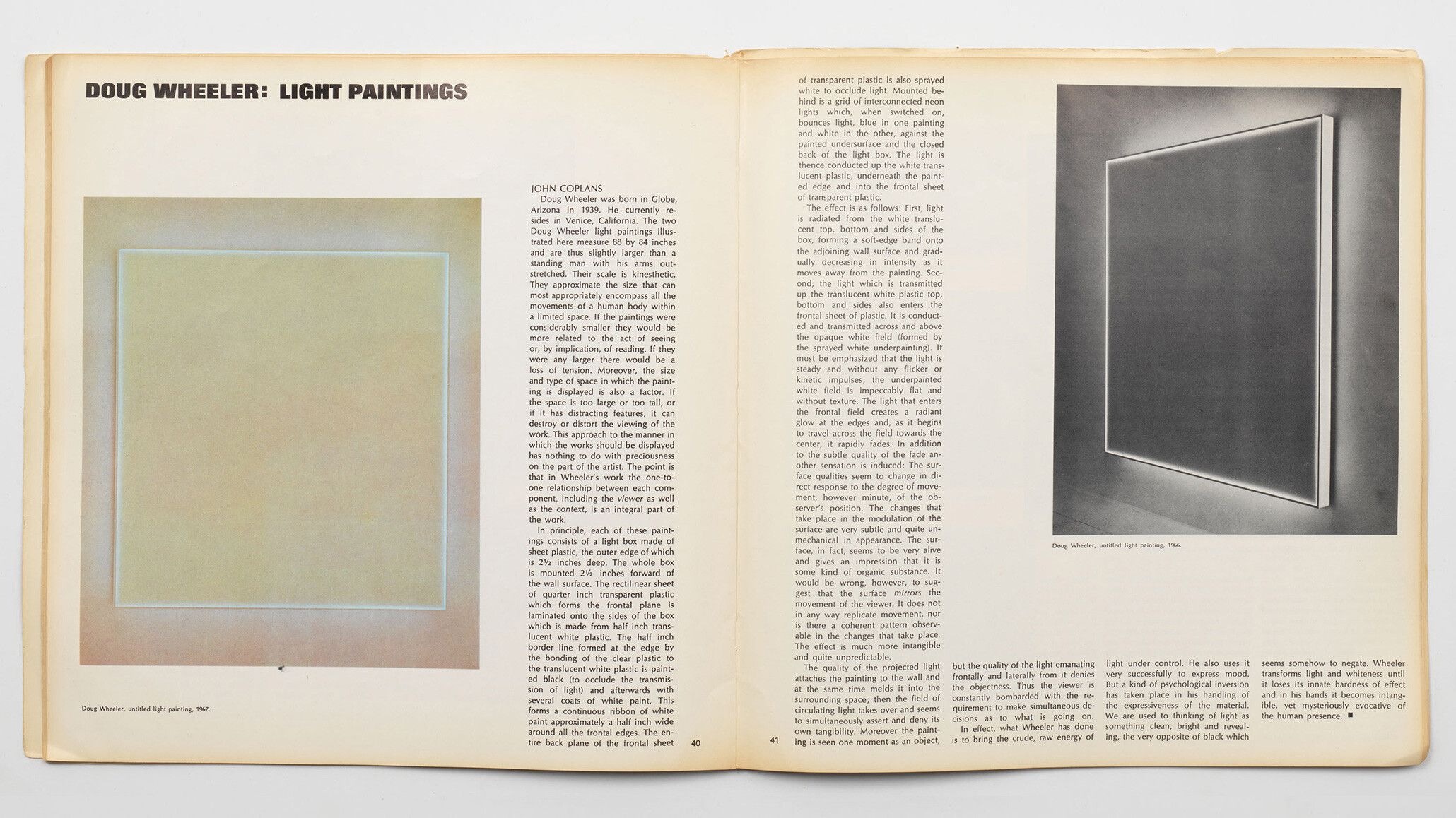 A magazine spread with the headline Doug Wheeler: Light Paintings from the September 1968 issue of Artforum.
