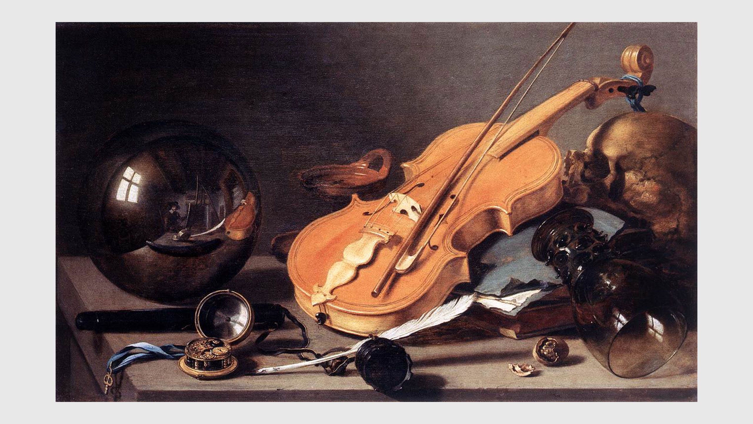 A painting by Pieter Claesz, titled Vanitas with Violin and Glass Ball, circa 1628.