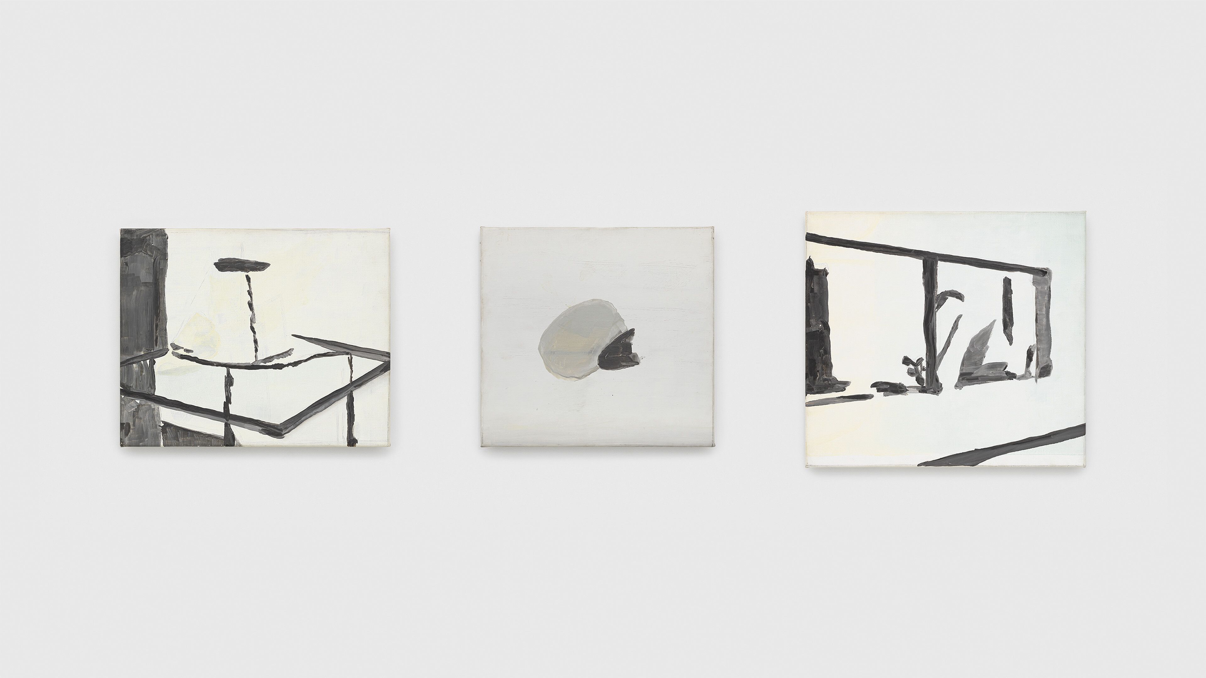 Three oil paintings on canvas by Luc Tuymans, titled Recherches, dated 1989.