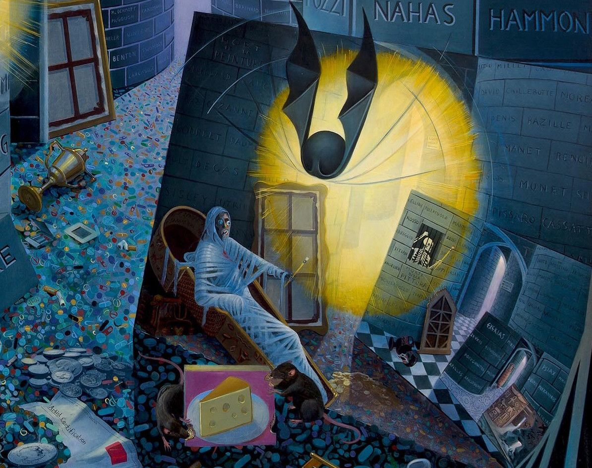 A detail of a painting by Frank Moore, titled The Curators, dated 1996