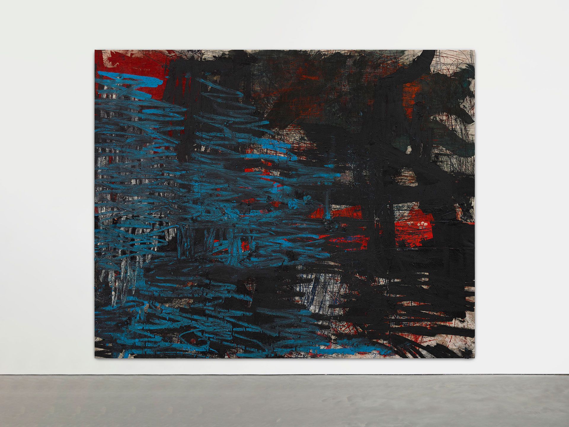 An installation view of a painting by Oscar Murillo titled manifestation, dated 2019-2020.