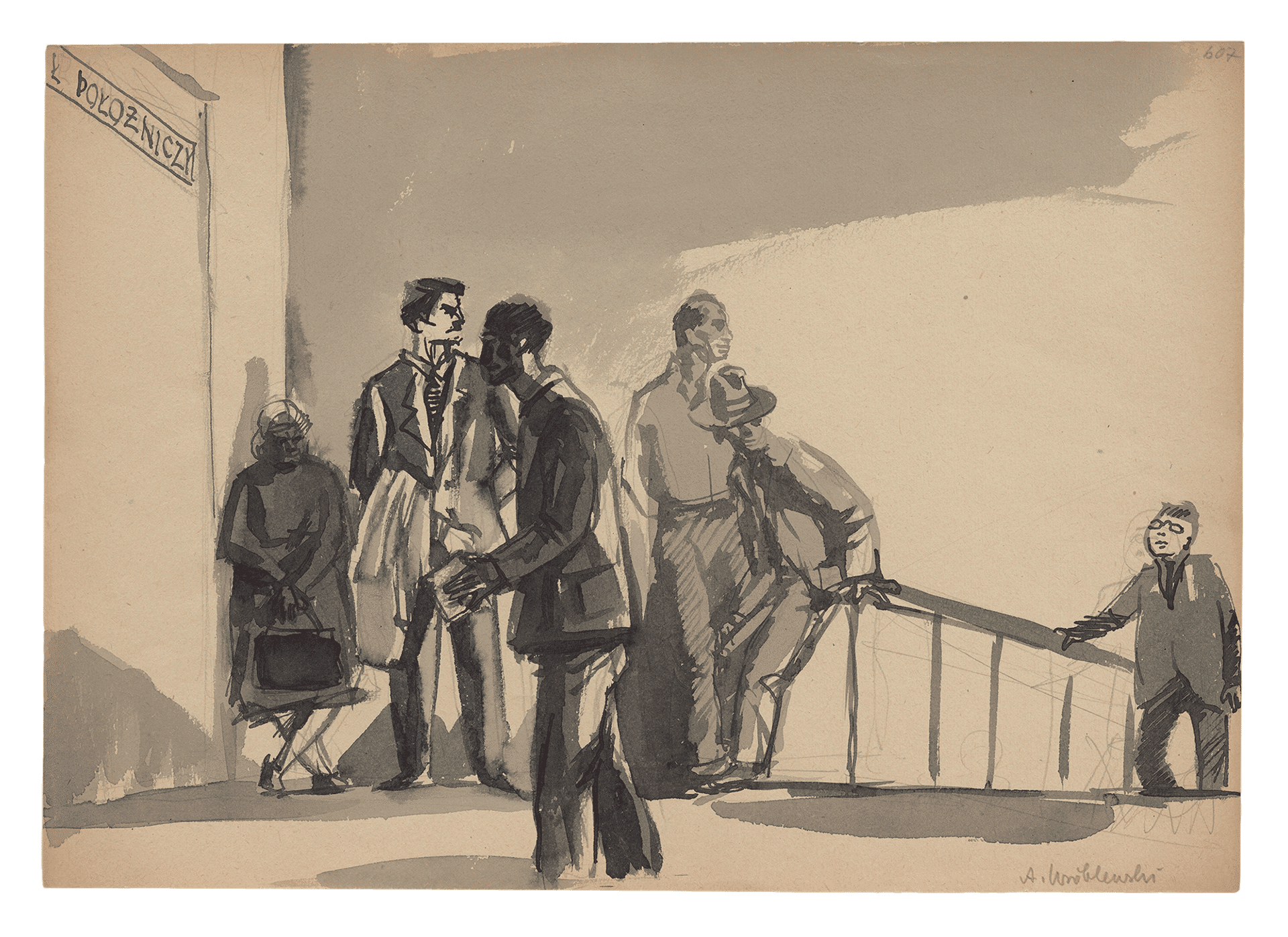 A work on paper by Andrzej Wr√≥blewski, titled [Group Scene no. 217], dated 1954.