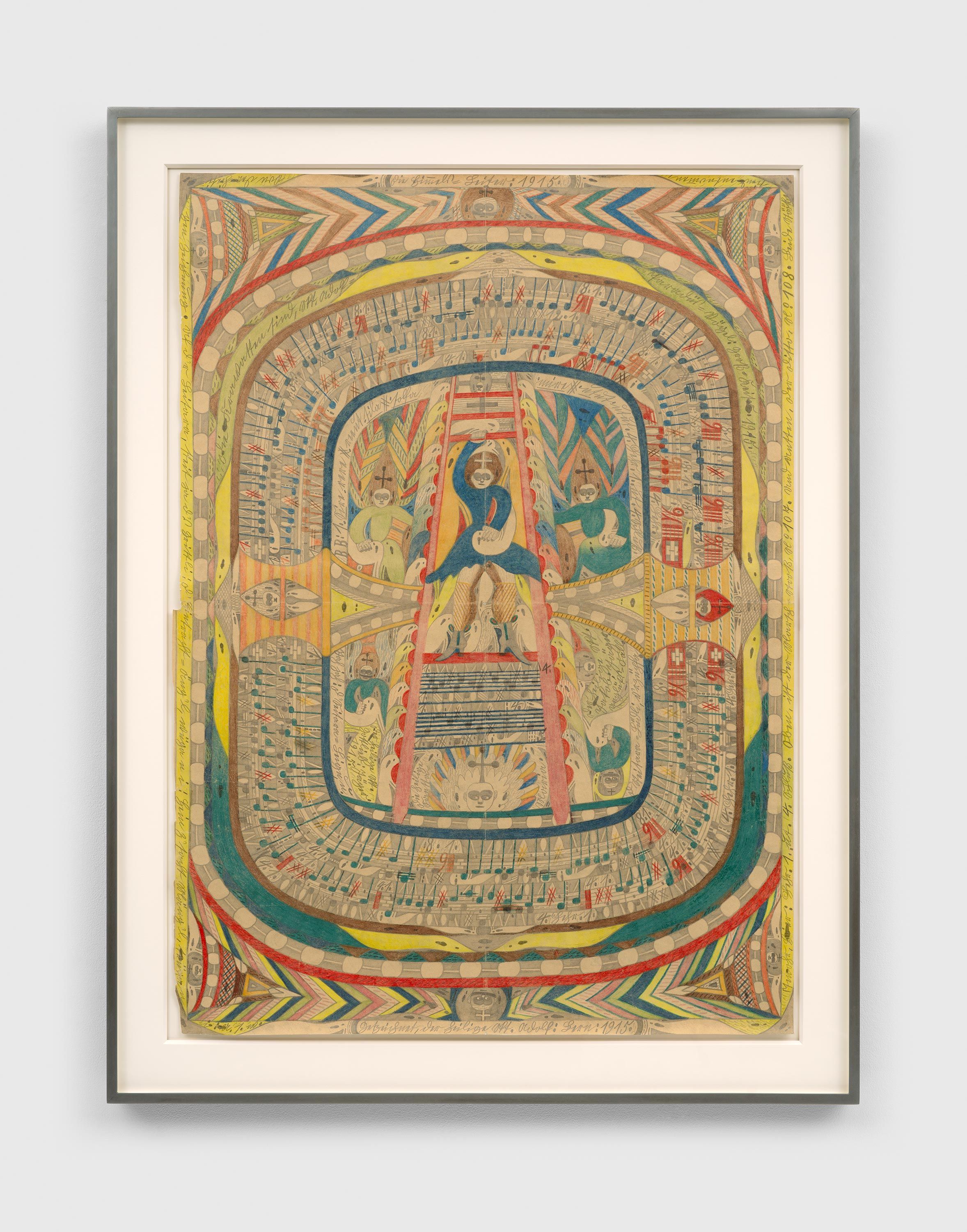 A graphite and colored pencil on paper artwork by Adolf Wolfli, titled Die Himmels Leiter, dated 1915.