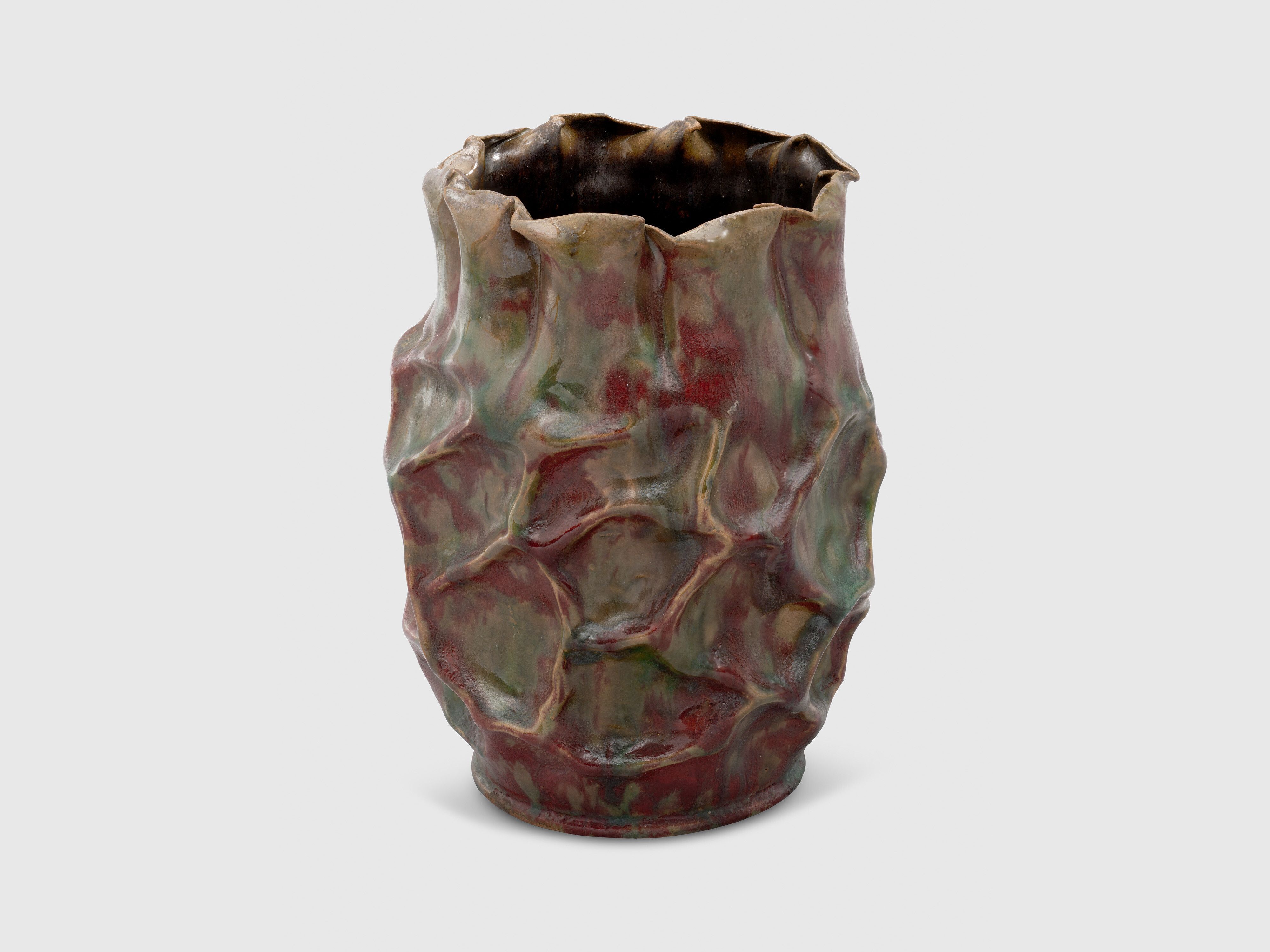 A sculpture by George Ohr, titled Vase, dated 1897 to 1900.