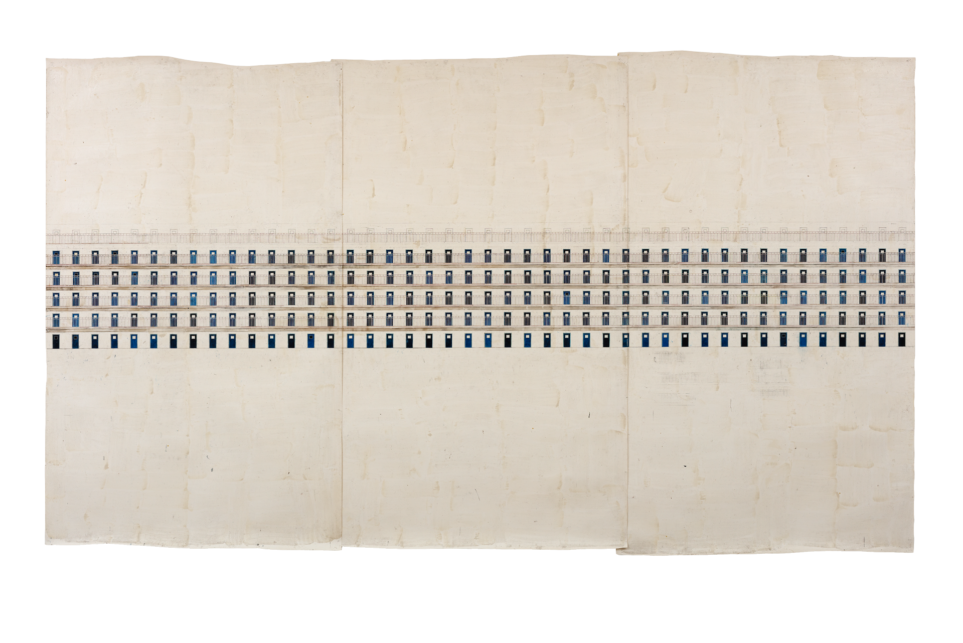 An oil and wax work on paper by Toba Khedoori, titled Untitled (doors), dated 1995.