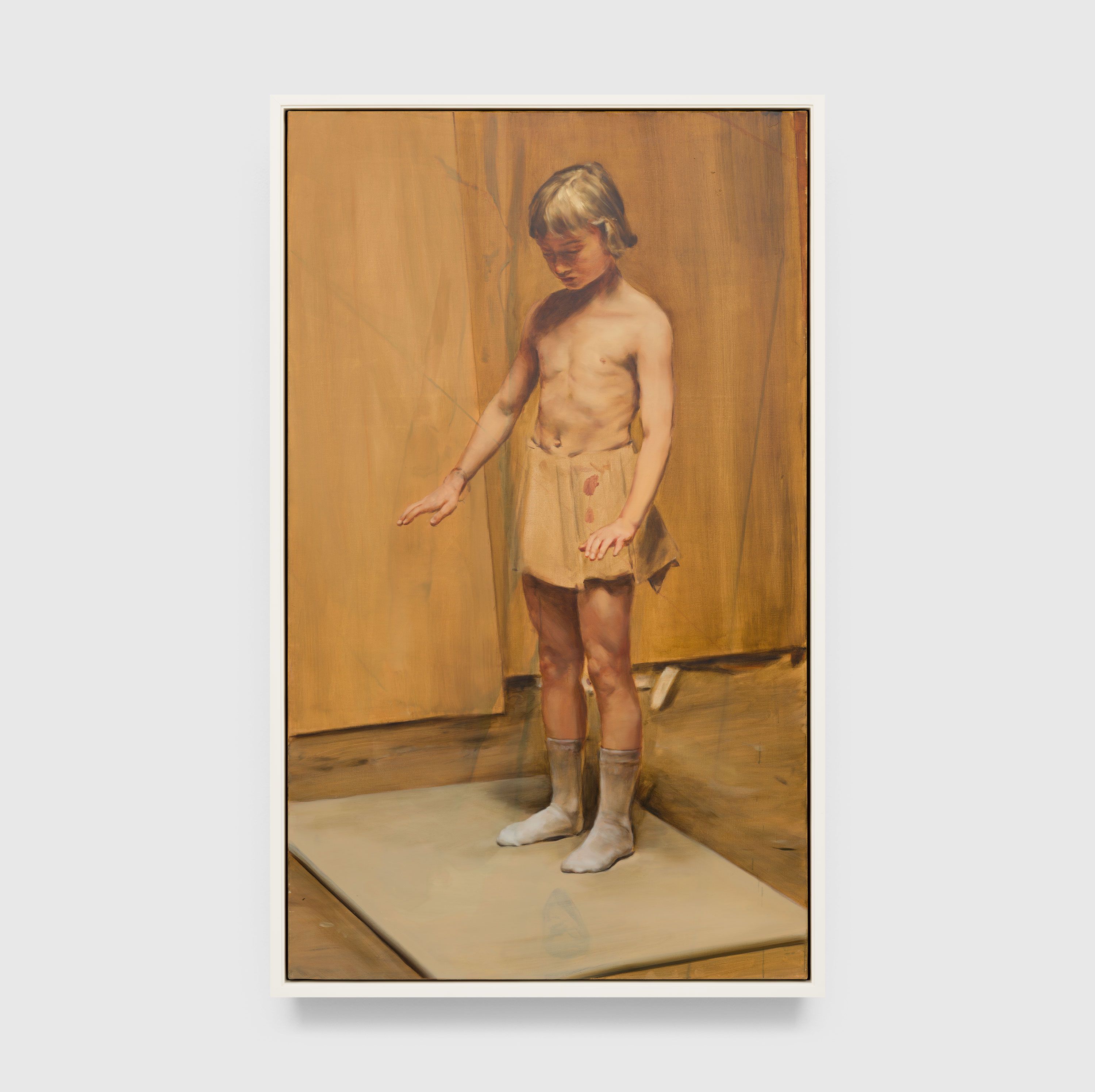 An oil on canvas painting by Michael Borremans, titled The Wooden Skirt, dated 2011.