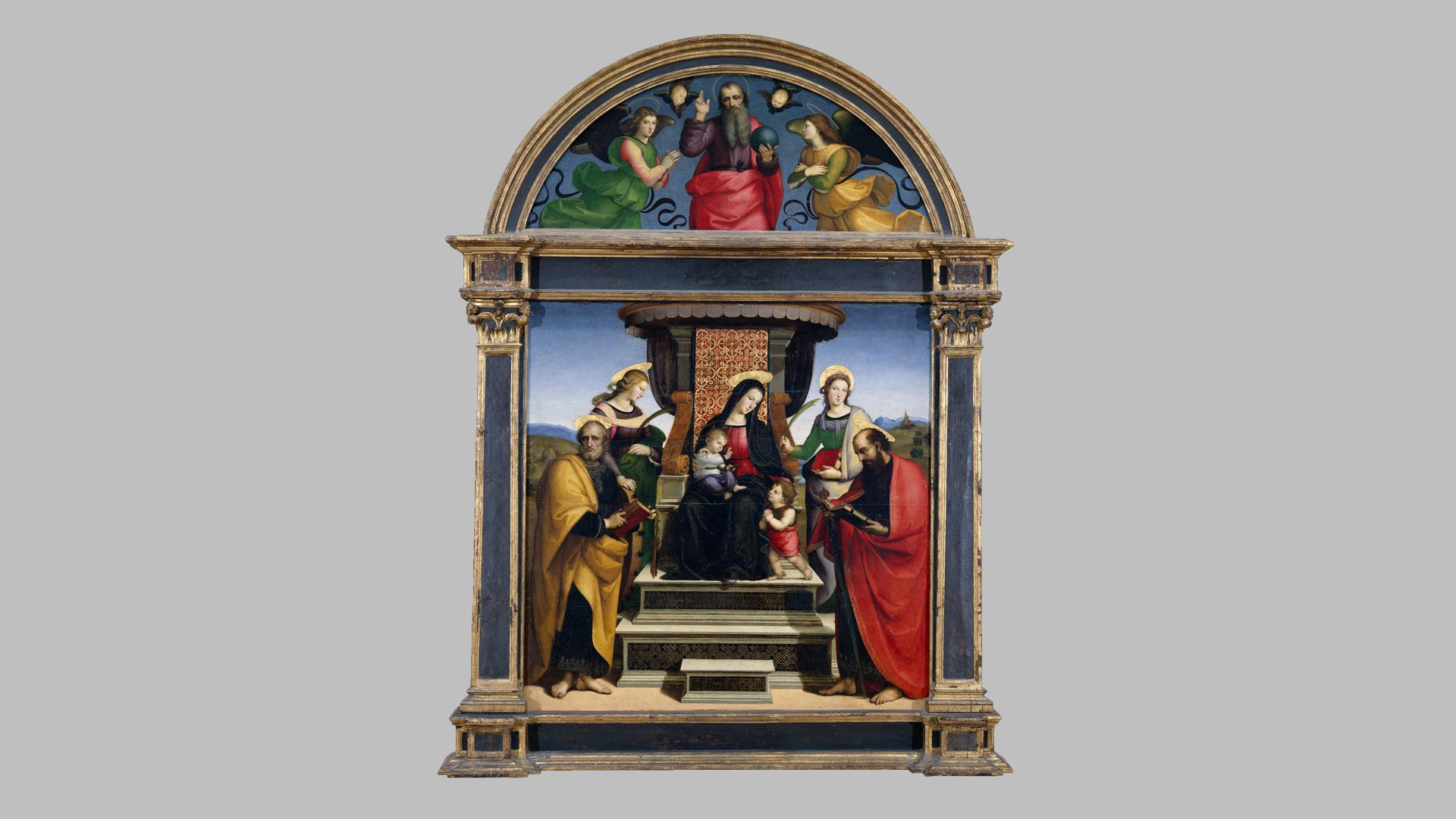 A painting by Raphael, titled Madonna and Child Enthroned with Saints, dated ca. 1504.