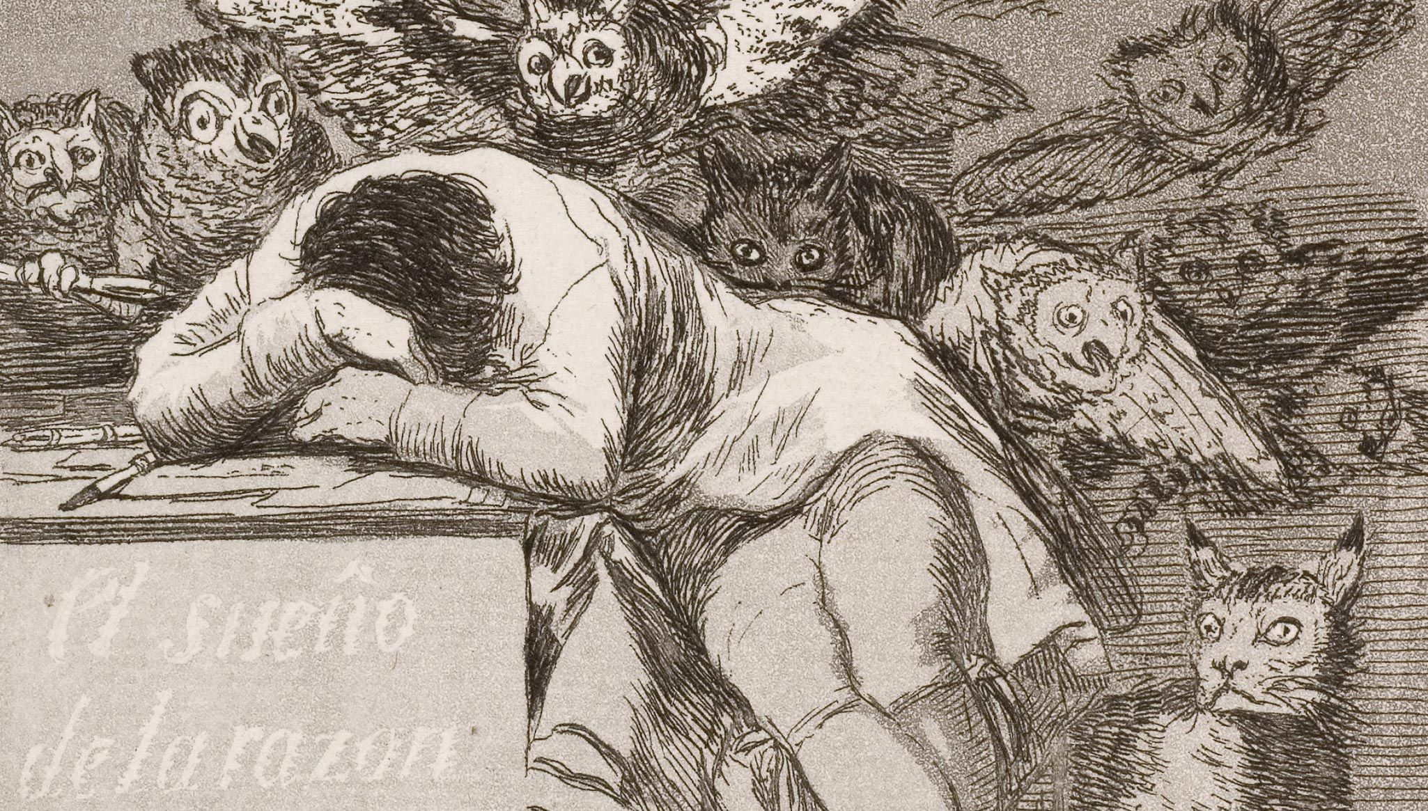 An artwork by Francisco Goya, titled The Sleep of Reason Produces Monsters, dated 1799. Collection of The Nelson-Atkins Museum of Art, Kansas City, Missouri