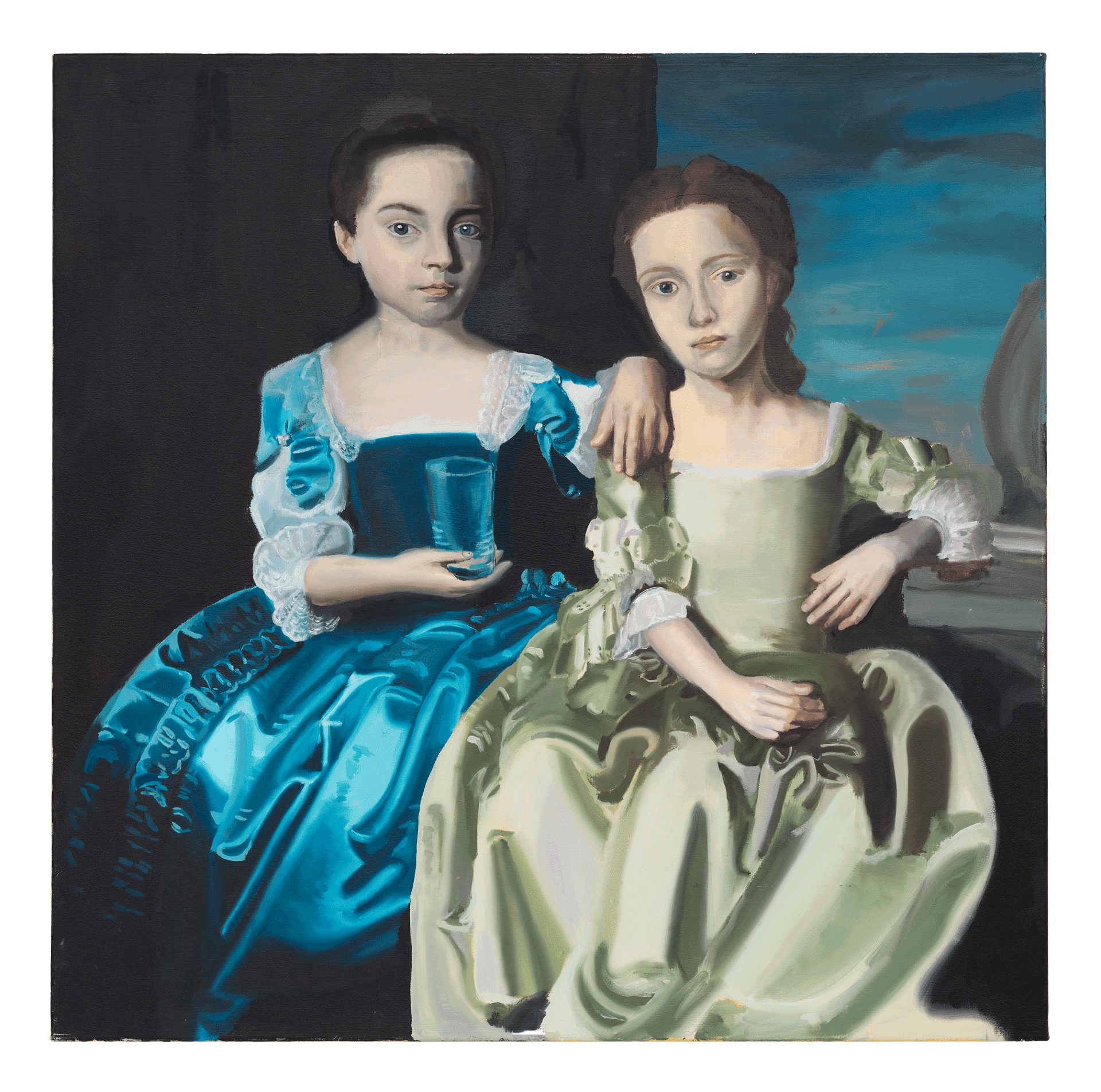 A painting by Rebecca Holmberg, titled 2 girls 1 cup, dated 2016