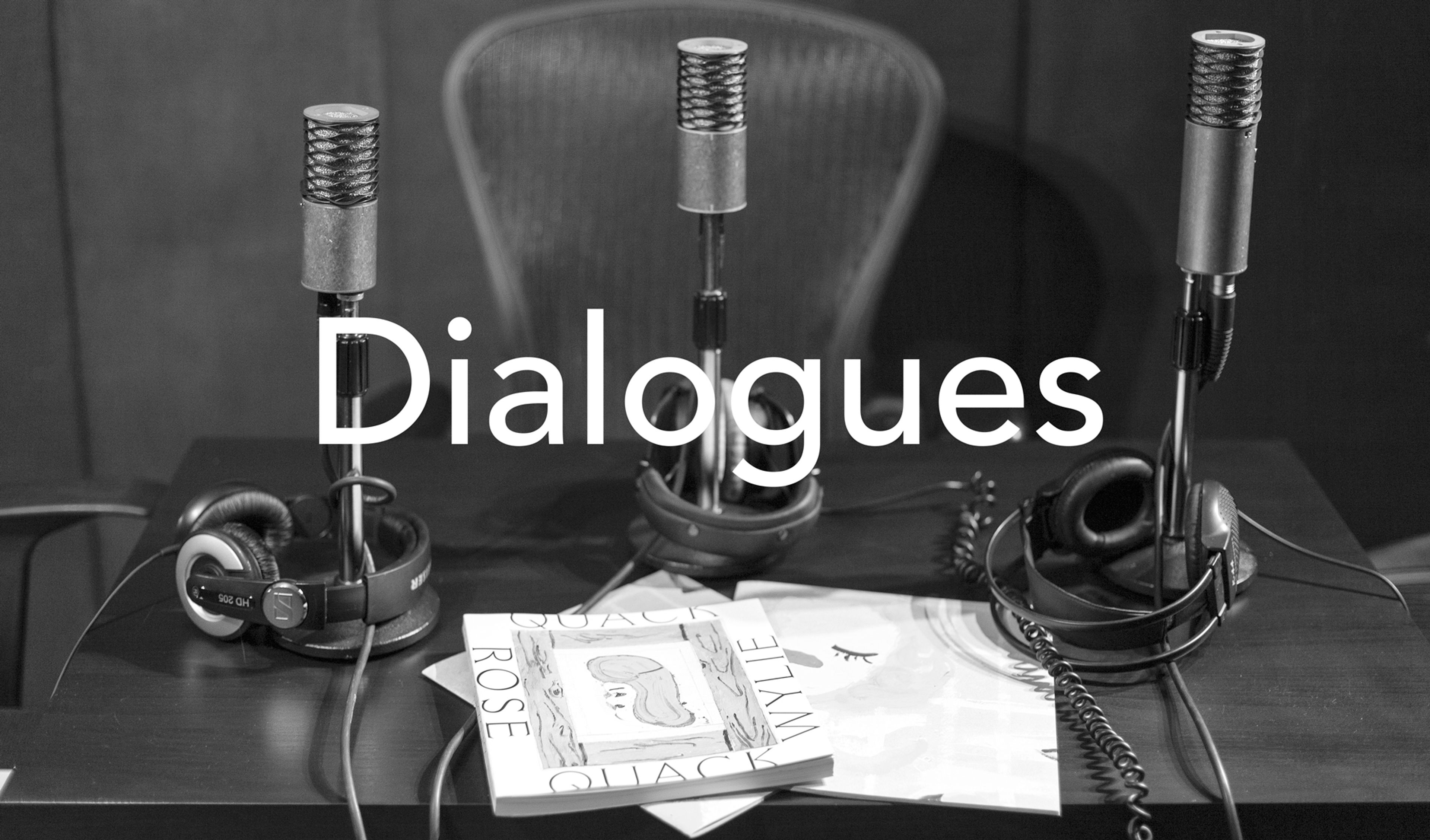 image of microphones on desk, with overlay text Dialogues, the name of the David Zwirner podcast