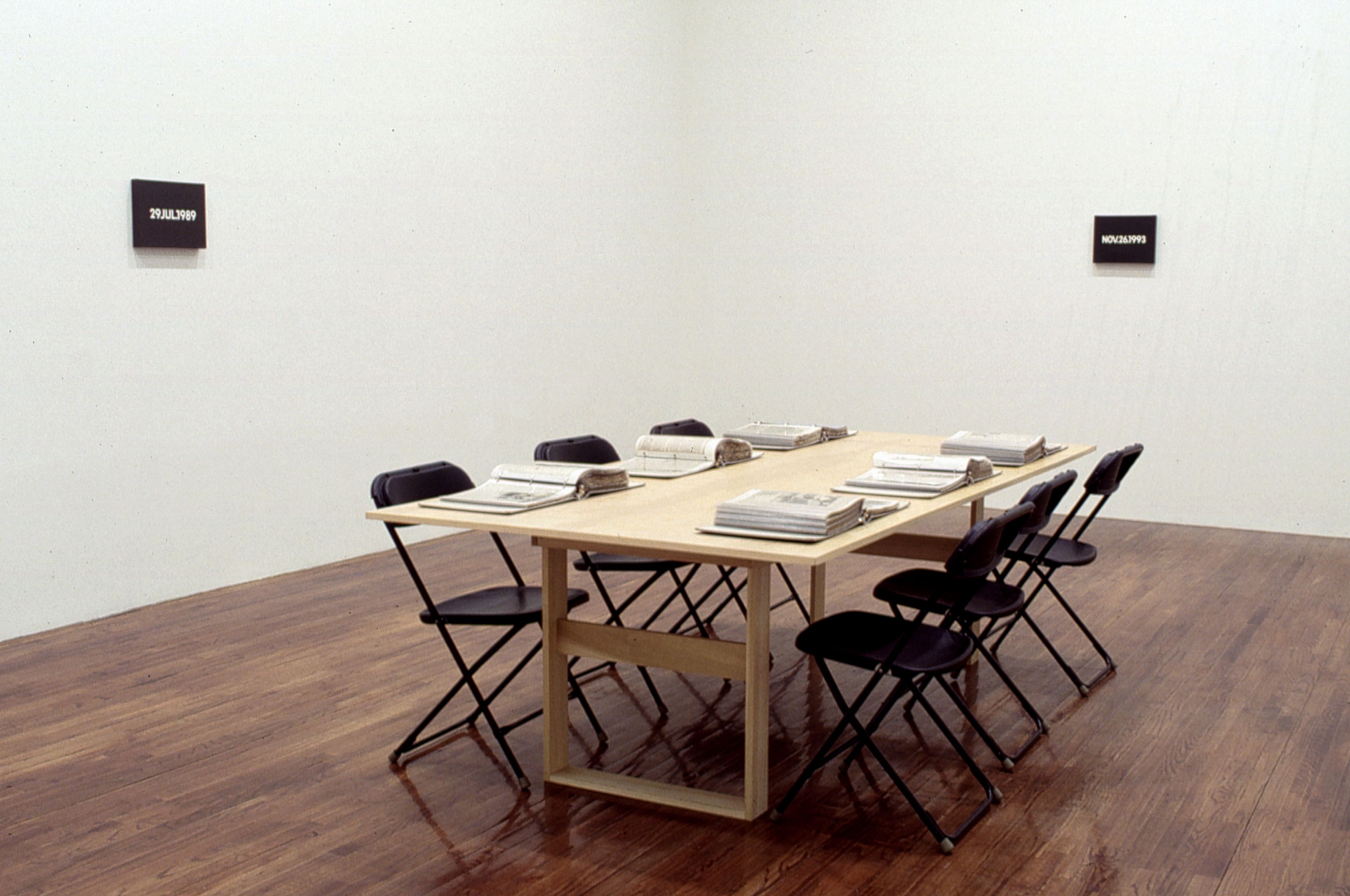 An installation view of the exhibition On Kawara: I READ (1966-1995), at David Zwirner New York, dated 1999.