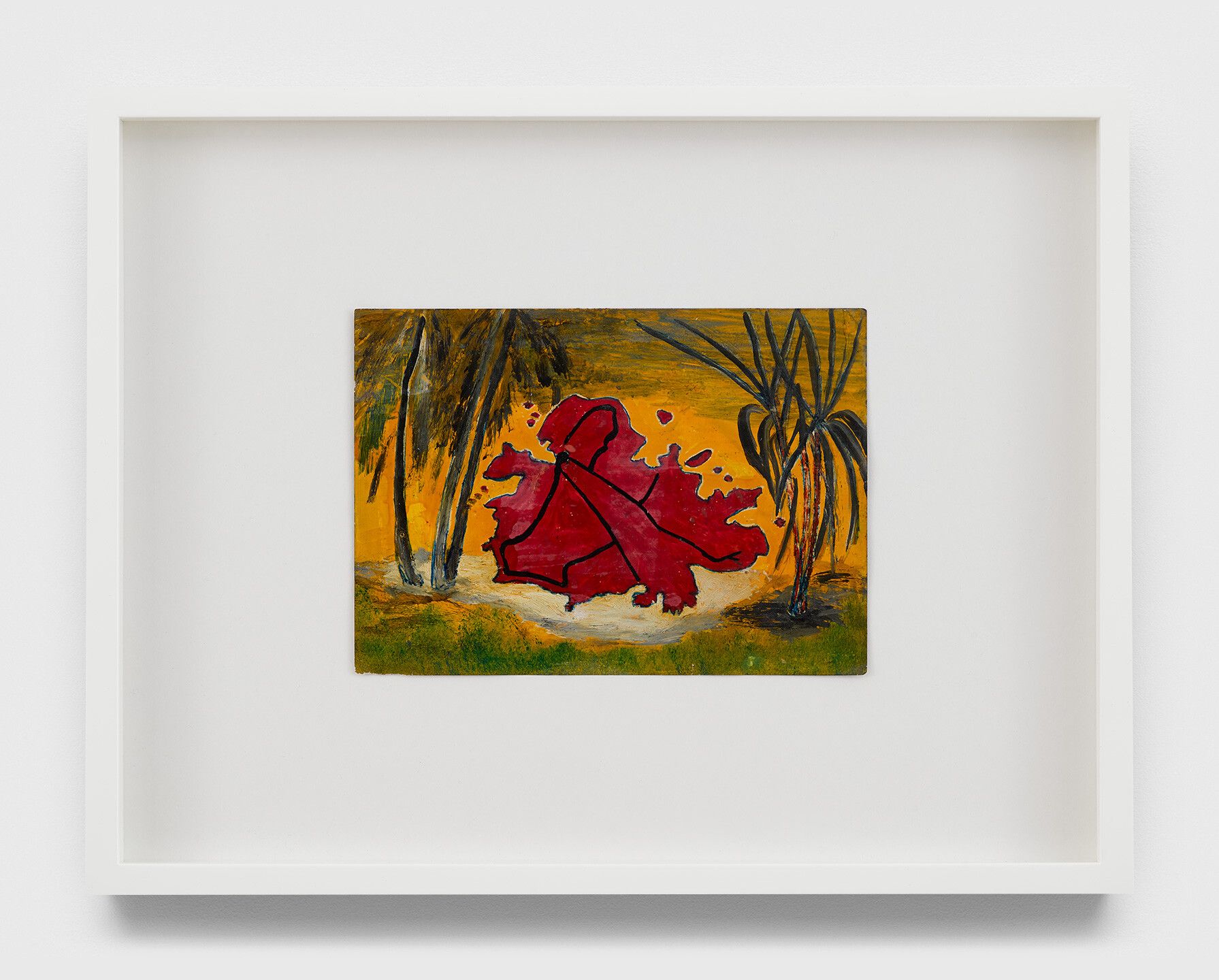 An undated oil painting on back of photograph by Frank Walter, titled Untitled (Yellow around a red map of Antigua with trees).