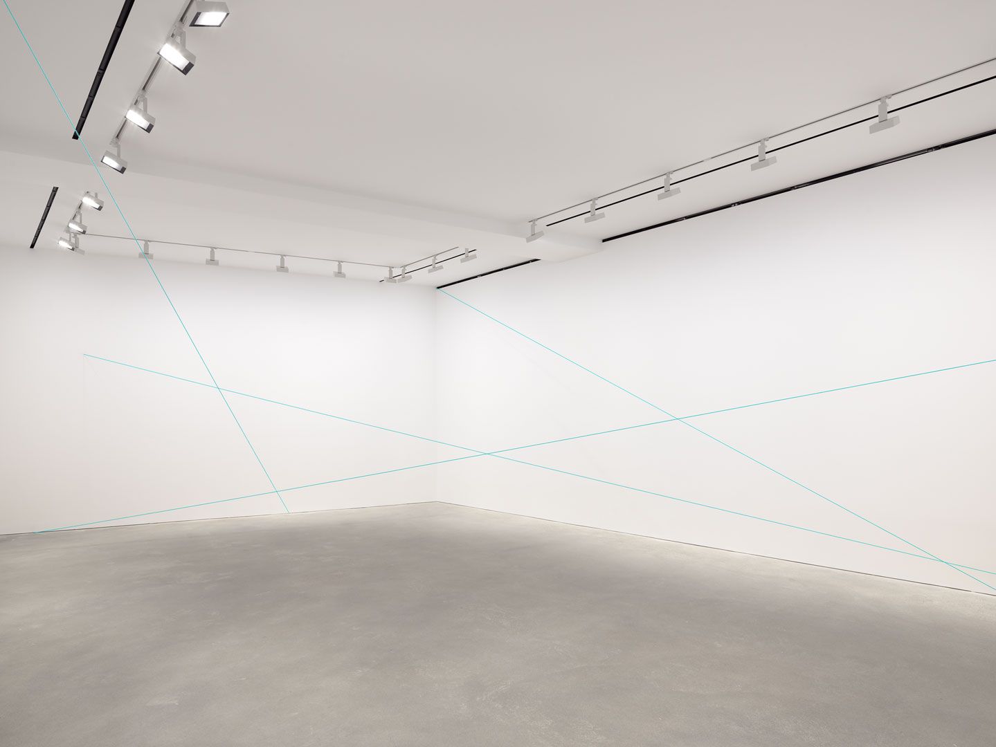 Installation view of a sculpture by Fred Sandback, titled Untitled (Sculptural Study, Four-part Mikado Construction), circa 1991 and 2011.
