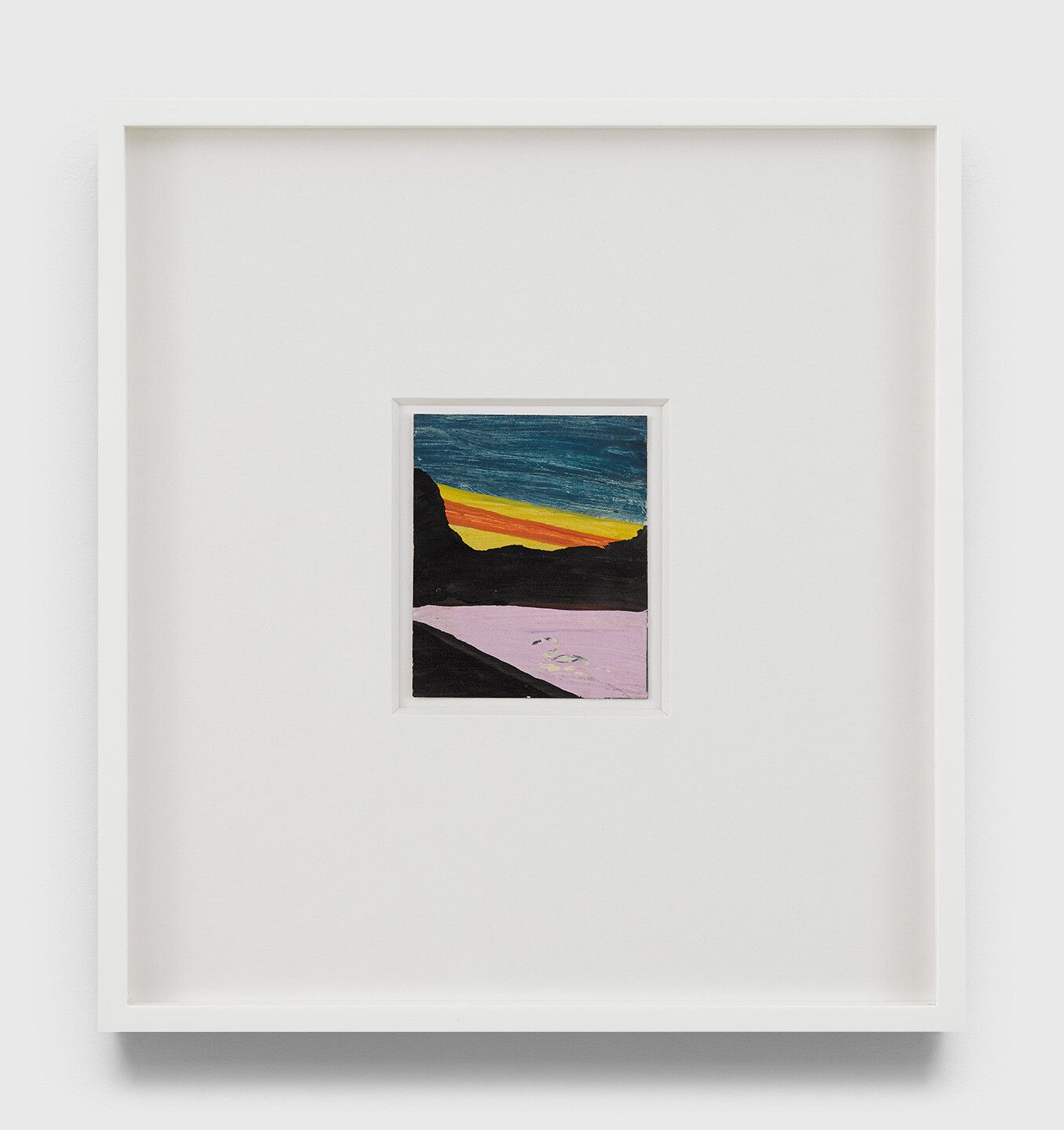 An undated oil painting on Polaroid film cartridge box by Frank Walter, titled Untitled (Sunrise in blue, yellow and orange).