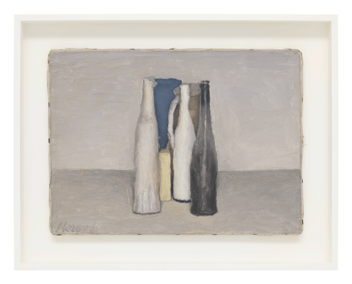 An oil painting on canvas by Giorgio Morandi, titled Natura morta (Still Life), dated 1957.
