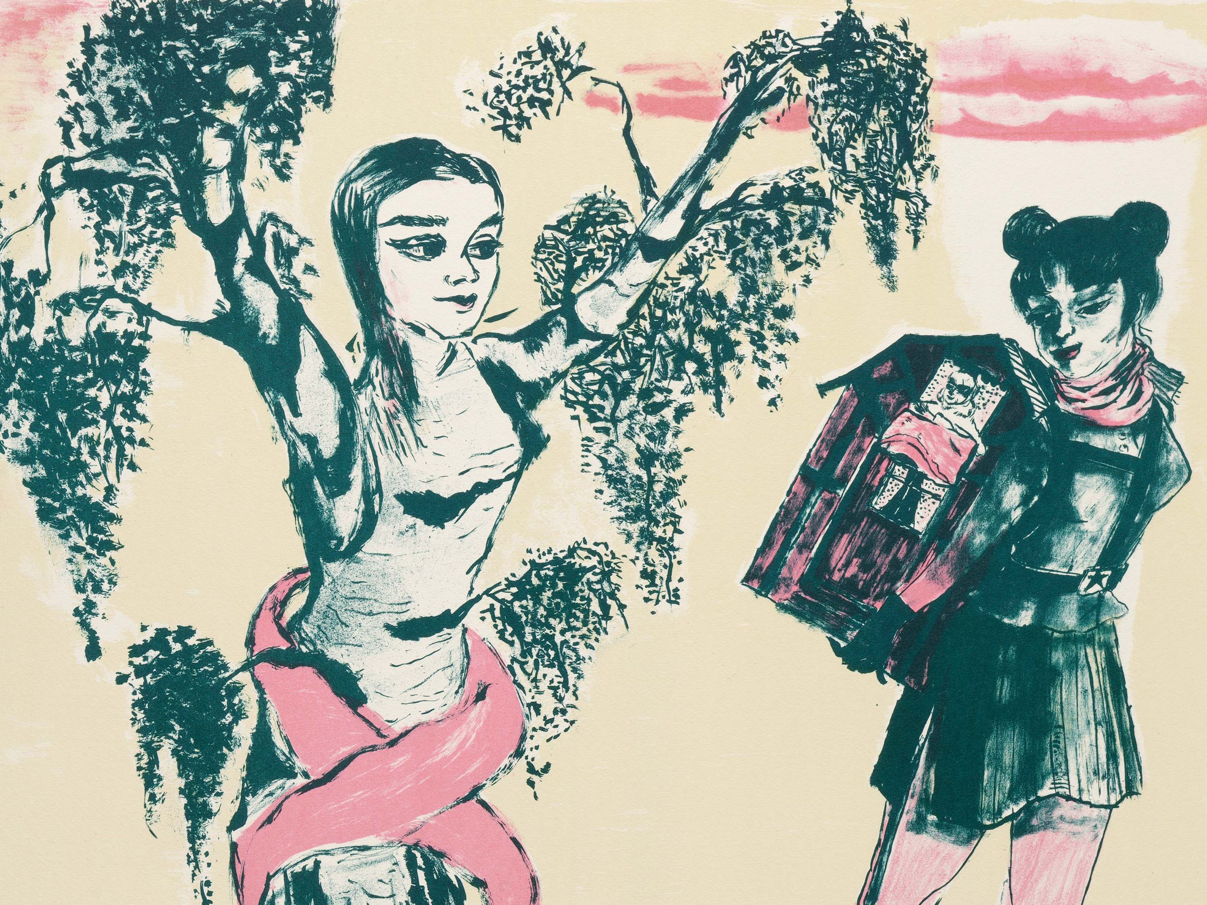 A detail from a print by Rosa Loy, titled Bleiben oder Gehen, dated 2021.